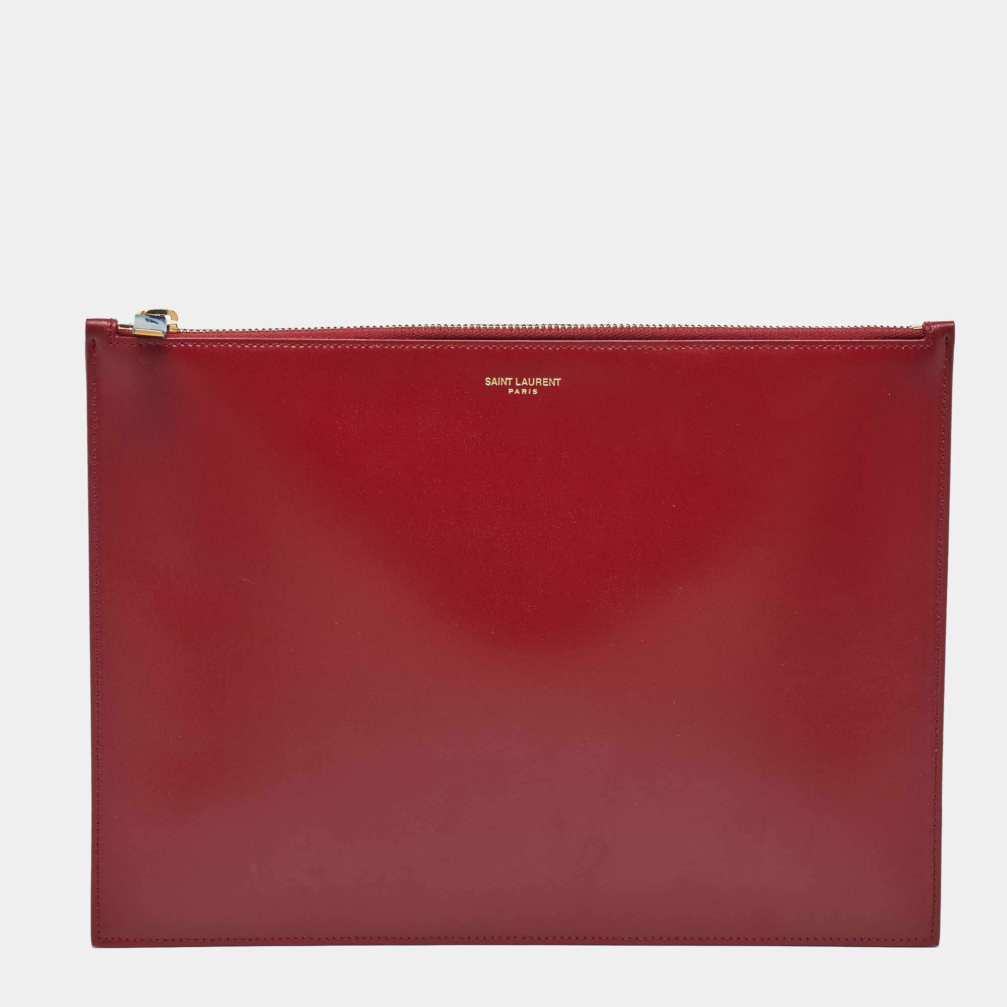 Saint Laurent Red Leather Zip Pouch Clutch