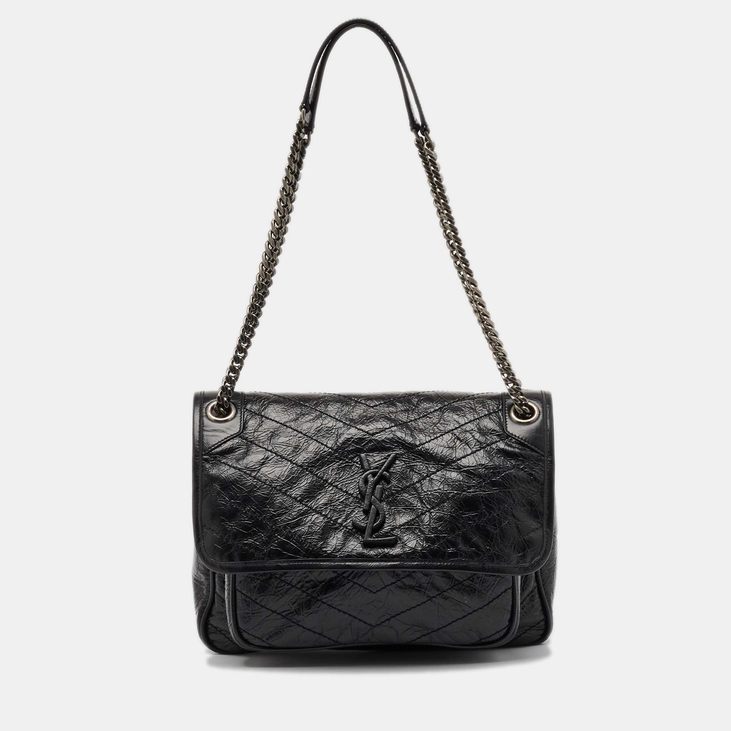 Saint Laurent Black Crinkled Leather Medium Niki Shoulder Bag