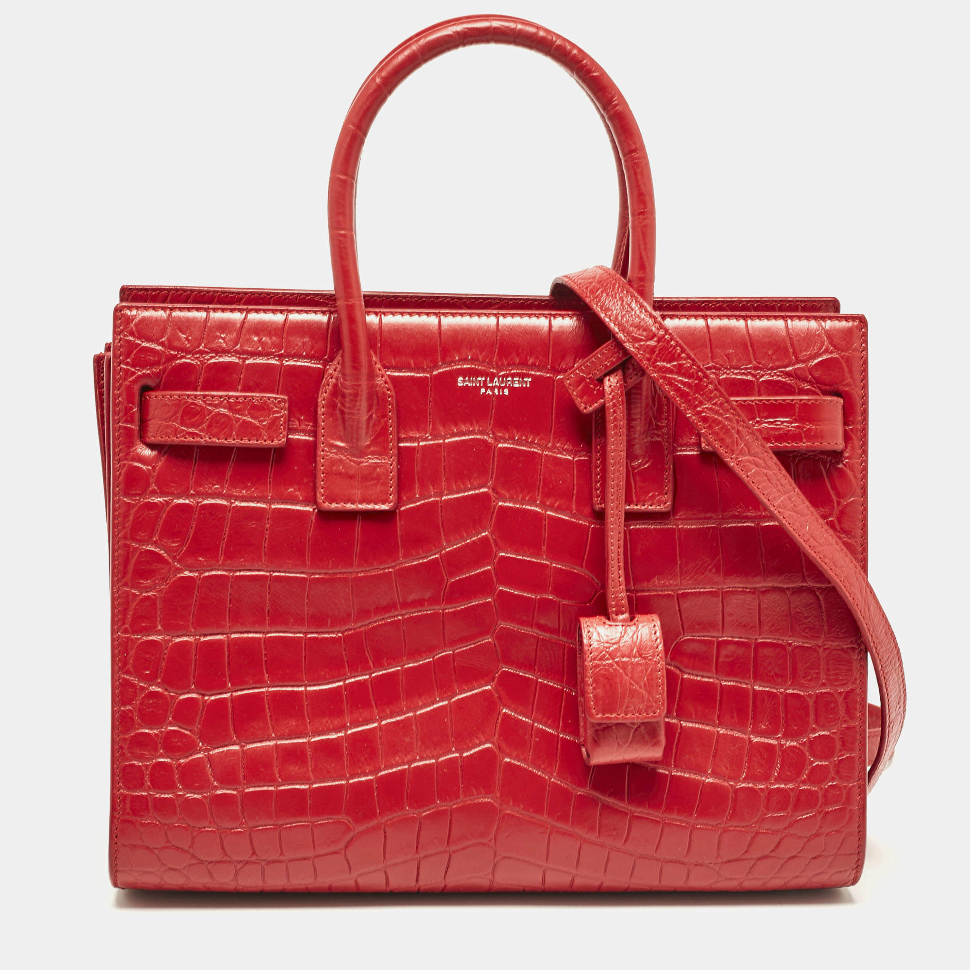 Pre Owned Saint Laurent Red Croc Embossed Leather Baby Classic Sac De Jour Tote