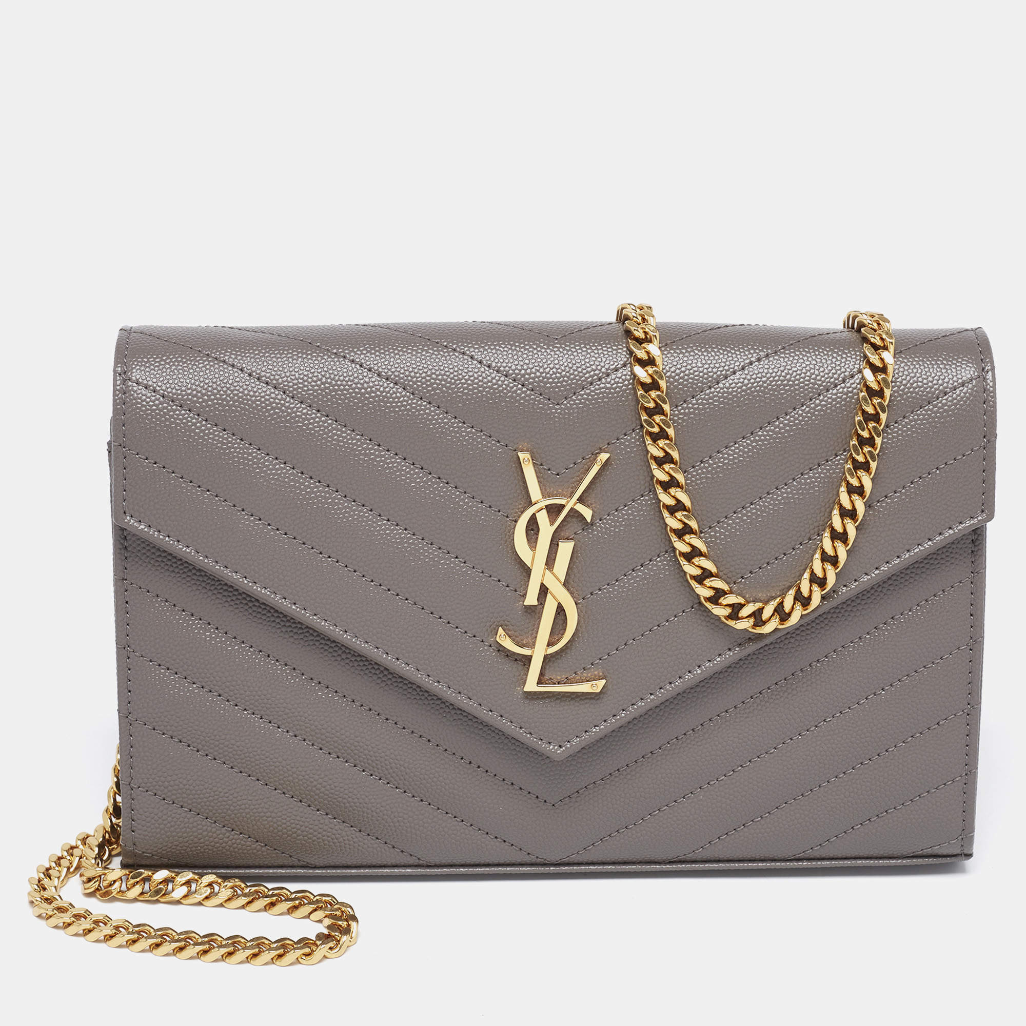 Pre Owned Saint Laurent Grey Matelassé Leather Monogram Envelope Wallet on Chain