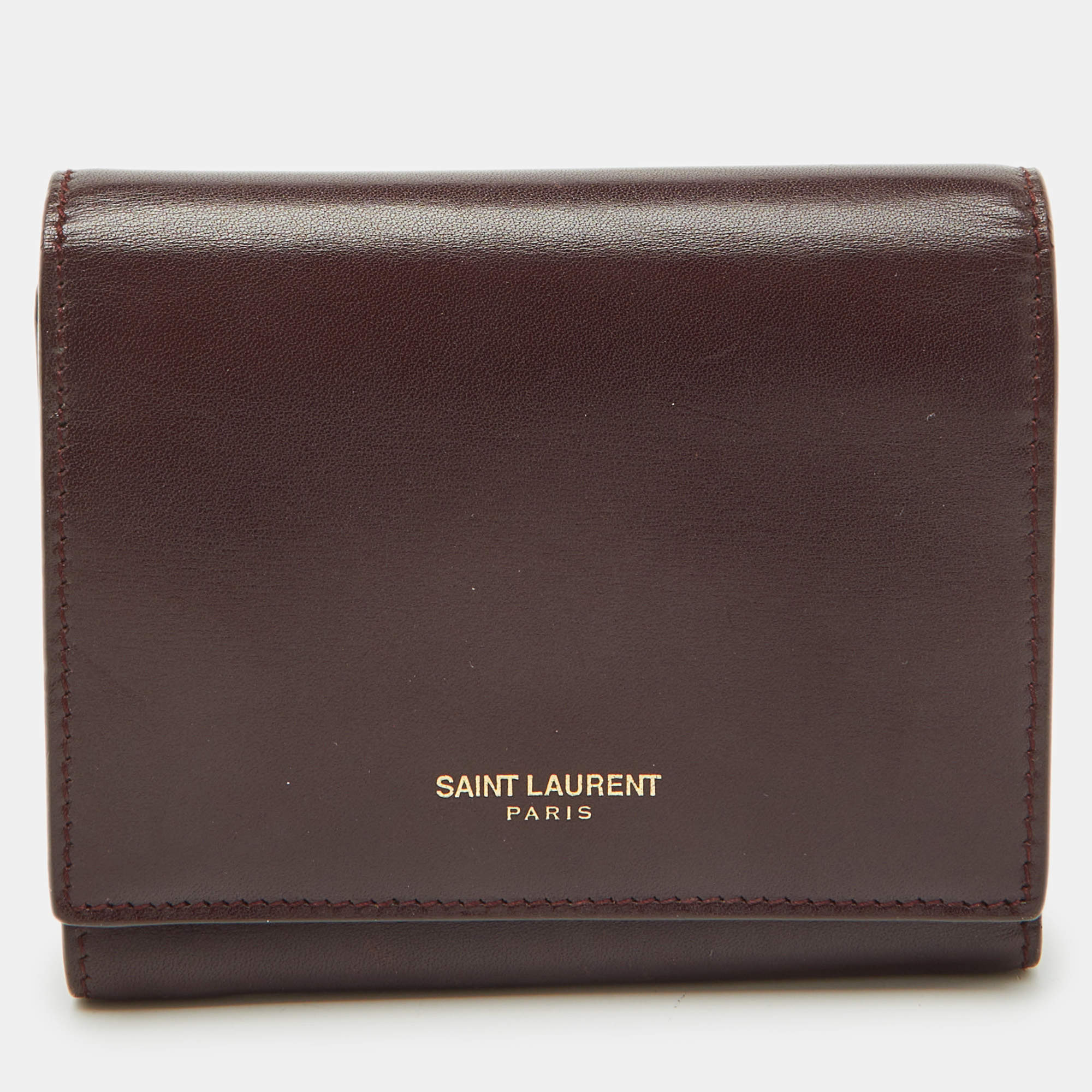 Pre Owned Saint Laurent Burgundy Leather Trifold Wallet