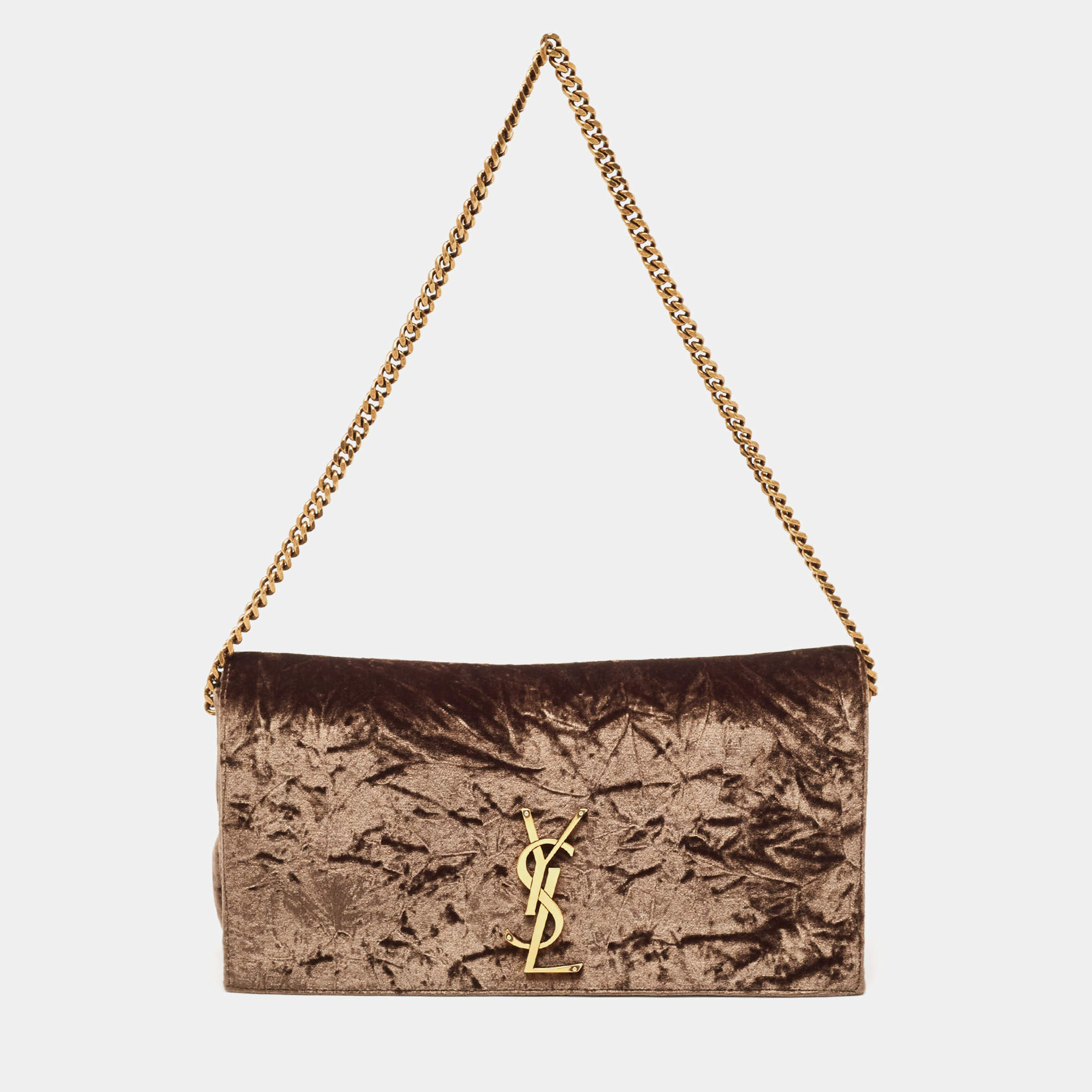 Saint Laurent Brown Crinkled Velvet Kate 99 Wallet On Chain