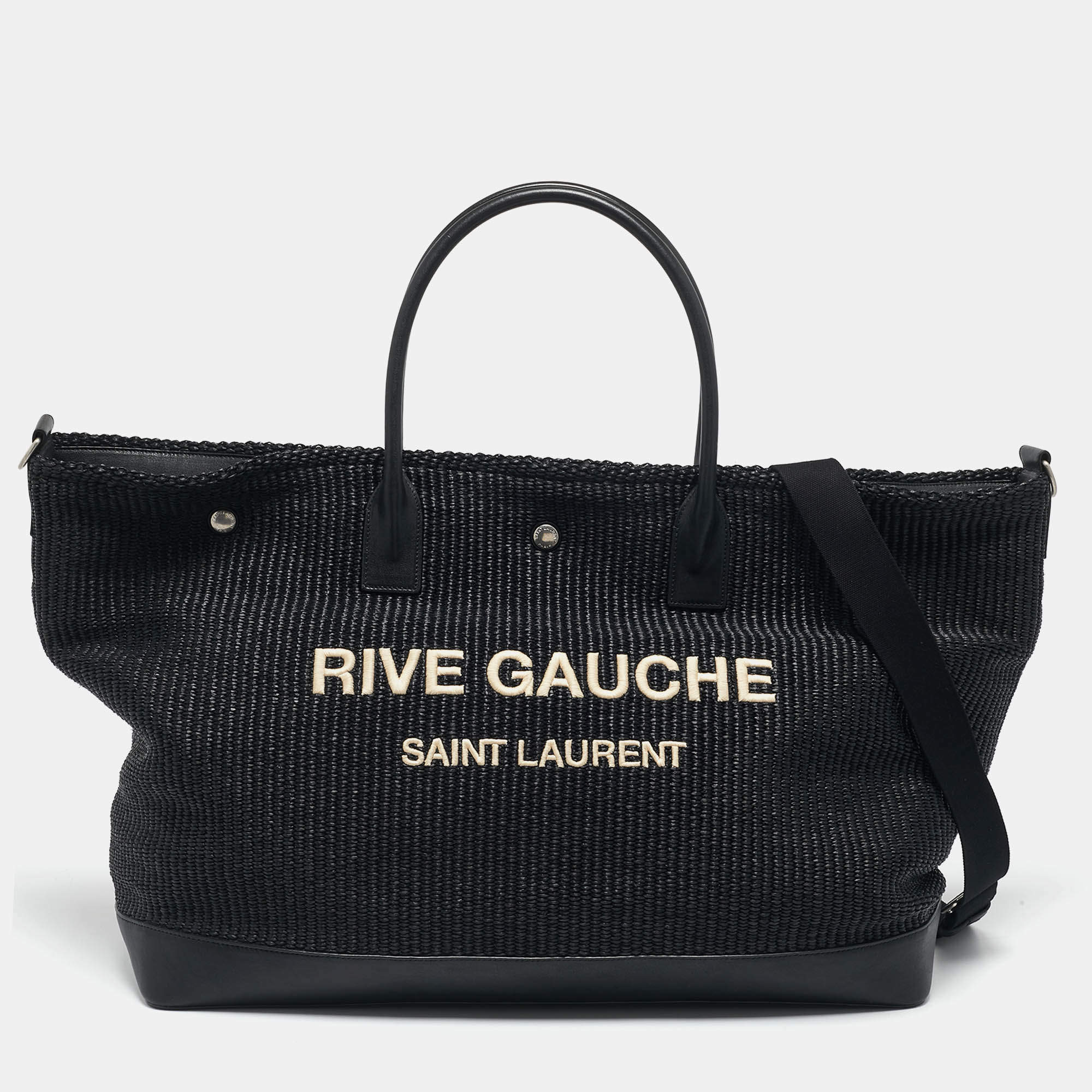 Pre Owned Saint Laurent Black Raffia Maxi Rive Gauche Shopper Tote