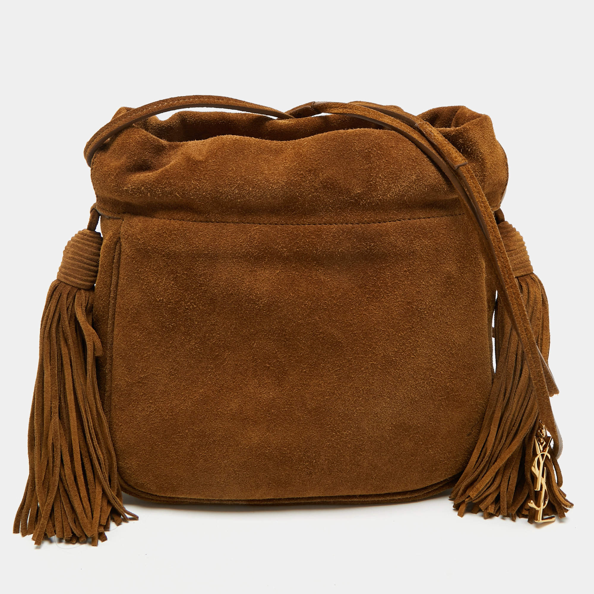 Pre Owned Saint Laurent Brown Suede Fringe Drawstring Shoulder Bag