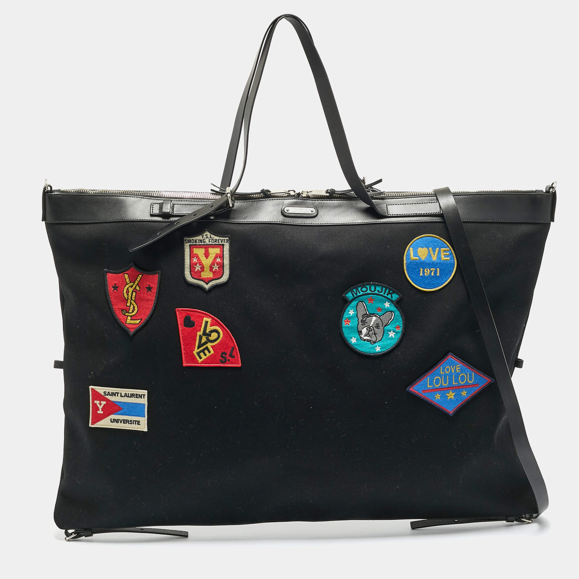 Pre Owned Saint Laurent Black Canvas Large Patchwork Flat Shopper Tote