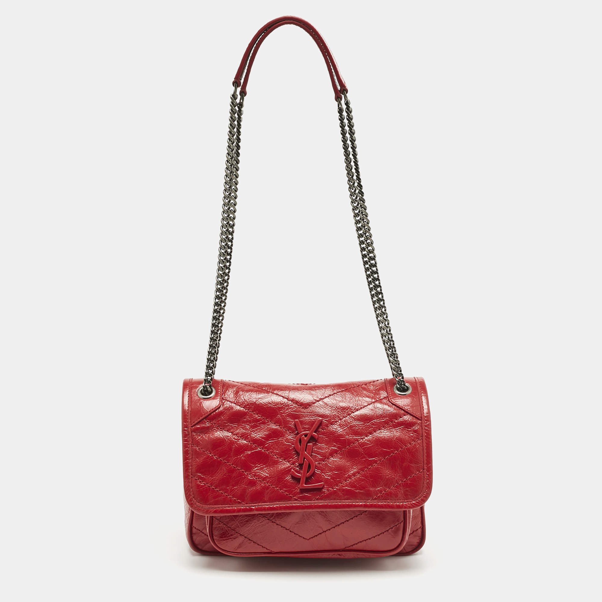 Pre Owned Saint Laurent Red Matelassé Leather Baby Niki Chain Shoulder Bag