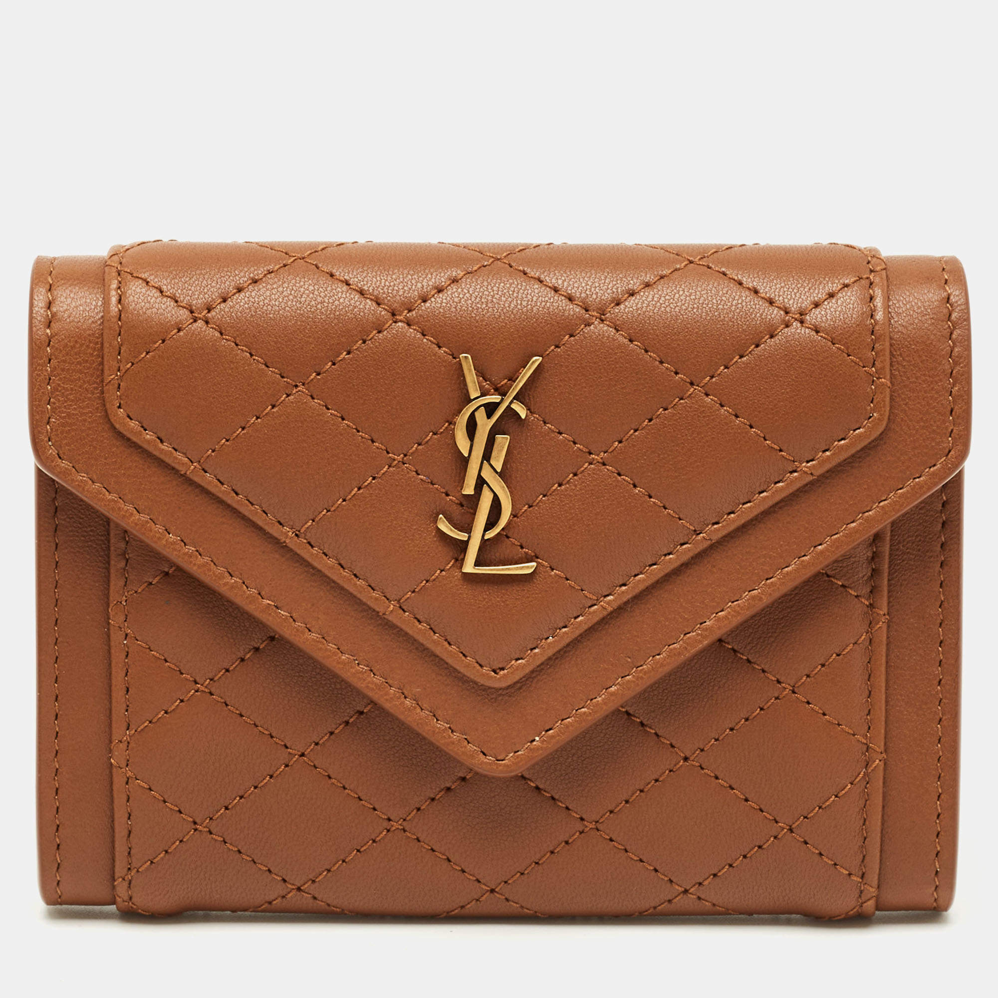 Pre Owned Saint Laurent Brown Quilted Leather Gaby Compact Wallet