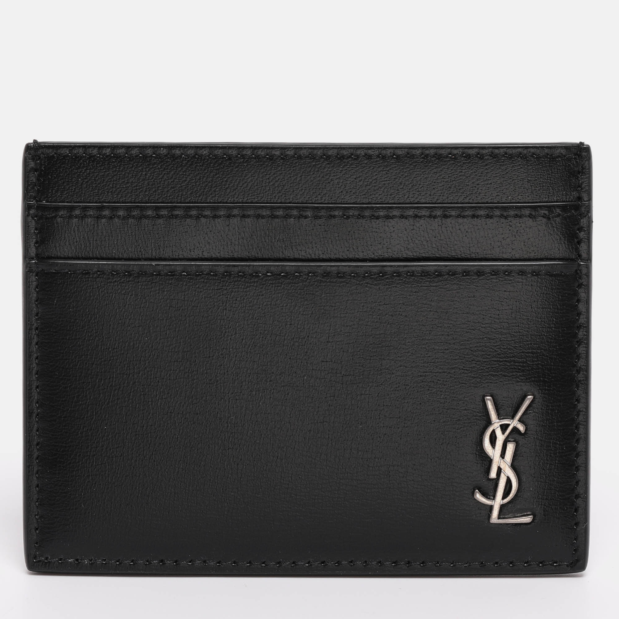 Pre Owned Saint Laurent Black Leather Tiny Cassandre Card Holder