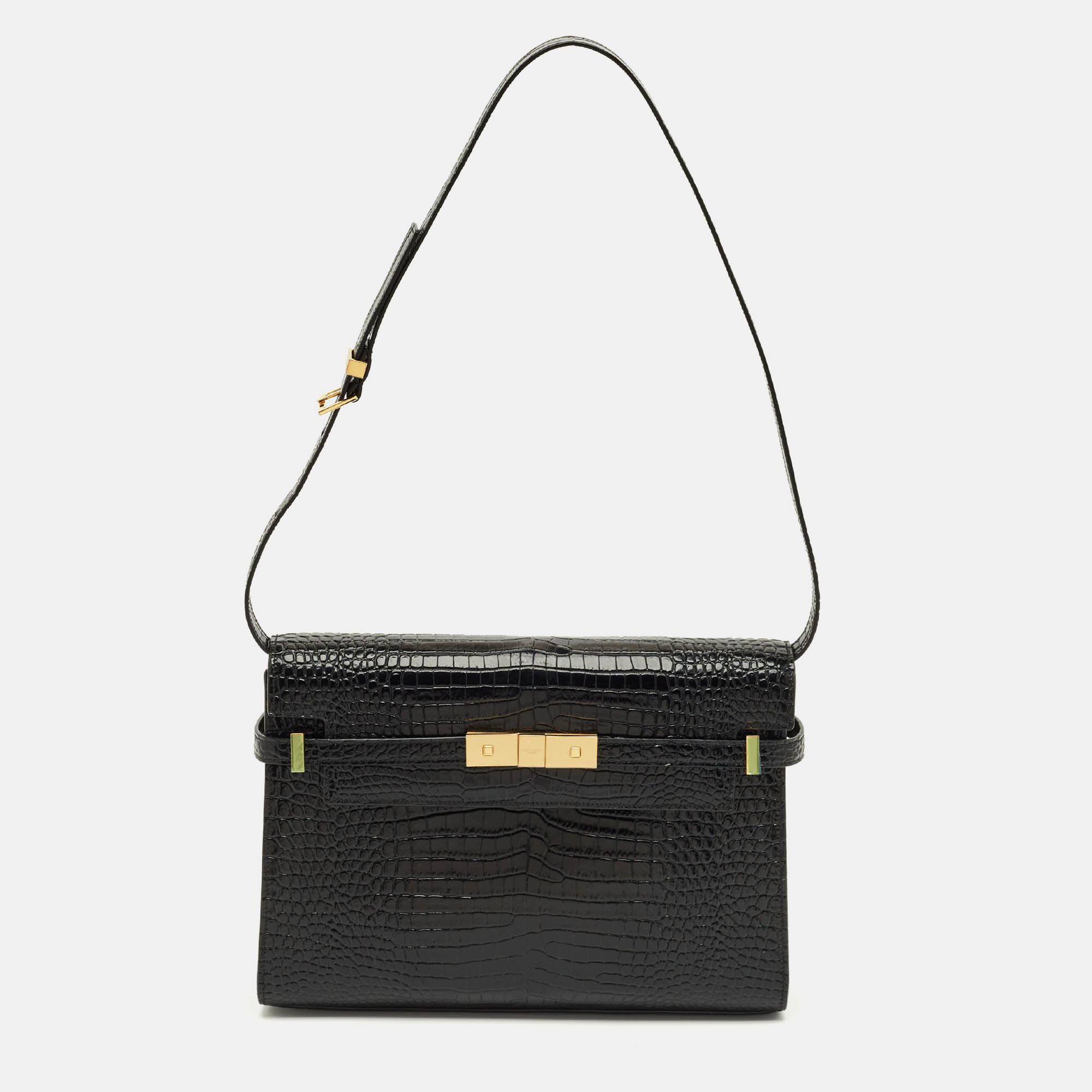 Pre Owned حقيبة كتف سان لوران مانهاتن جلد نقشة التمساح أسود