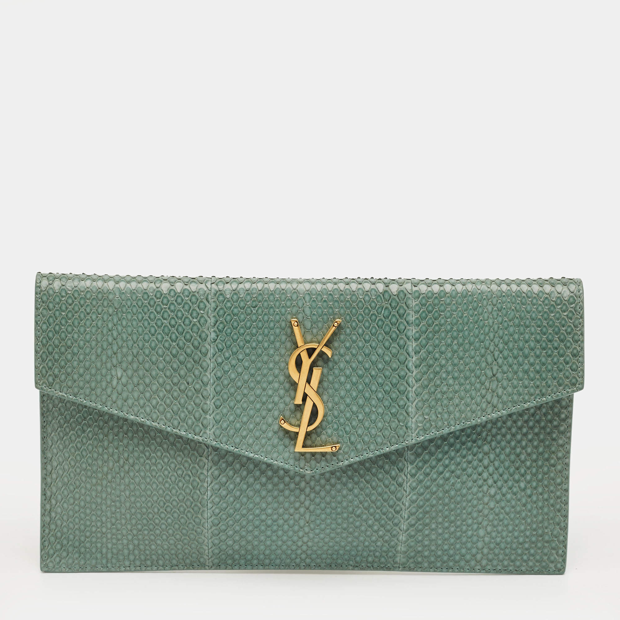 Pre Owned Saint Laurent Green Python Uptown Pouch