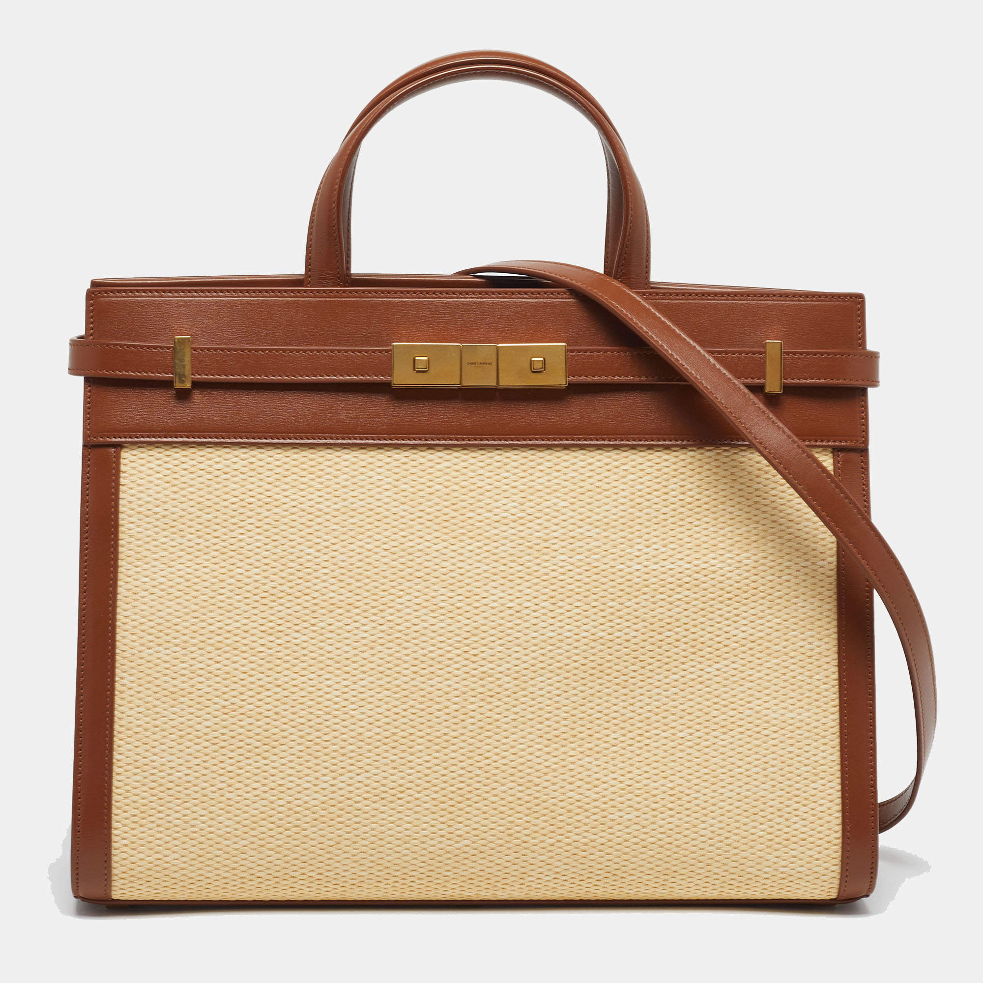 Pre Owned حقيبة يد توت سان لوران مانهاتن صغيرة جلد ورافيا بني/طبيعي