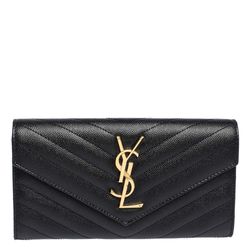 Pre Owned Saint Laurent Paris Black Matelassé Leather Monogram Flap Wallet