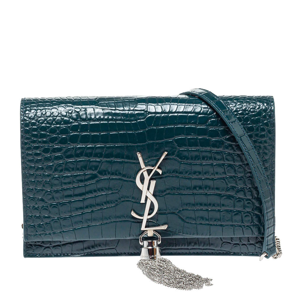 Pre Owned Saint Laurent Deep Green Croc Embossed Leather Kate Tassel Wallet on Chain 