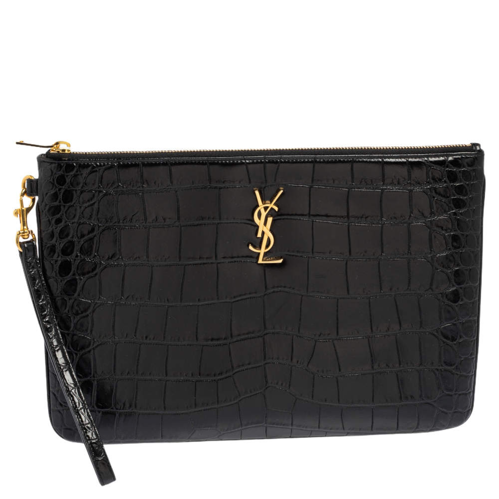 مملوكة مسبقًا Saint Laurent Black Croc Embossed Leather Monogram Wristlet Pouch