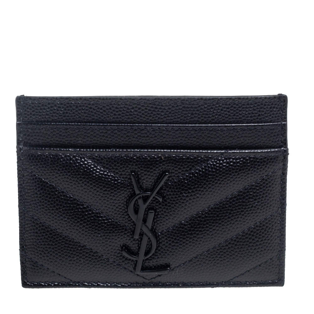 Pre Owned Saint Laurent Black Matelassé Leather Monogram Card Holder