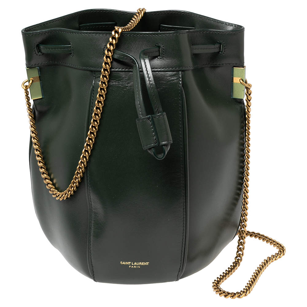 Pre Owned Saint Laurent Green Leather Small Talitha Bucket Bag