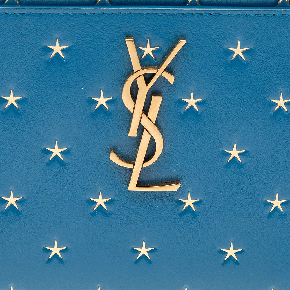 Saint Laurent Star Embossed Card Holder in Blue