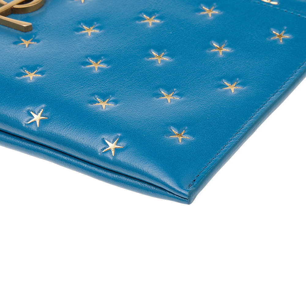 Saint Laurent Star Embossed Card Holder in Blue