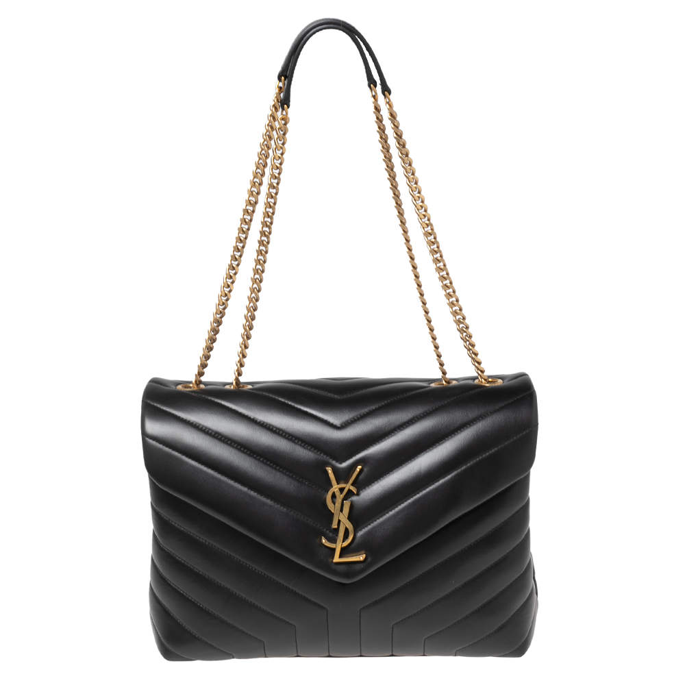 Pre Owned Saint Laurent Black Matelassé Leather Medium Loulou Shoulder Bag