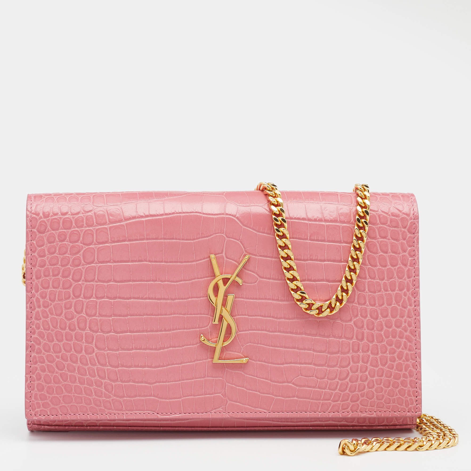 مملوكة مسبقًا Saint Laurent Paris Pink Croc Embossed Leather Monogram Chain Wallet