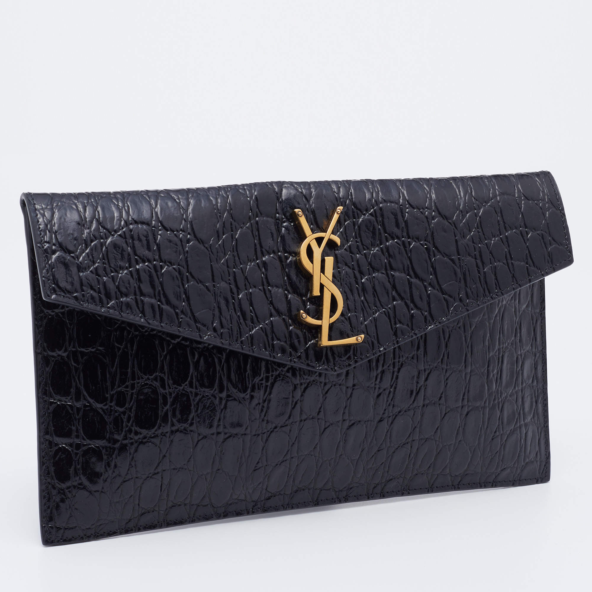 Saint Laurent Black Croc Embossed Leather Uptown Clutch Saint Laurent Paris