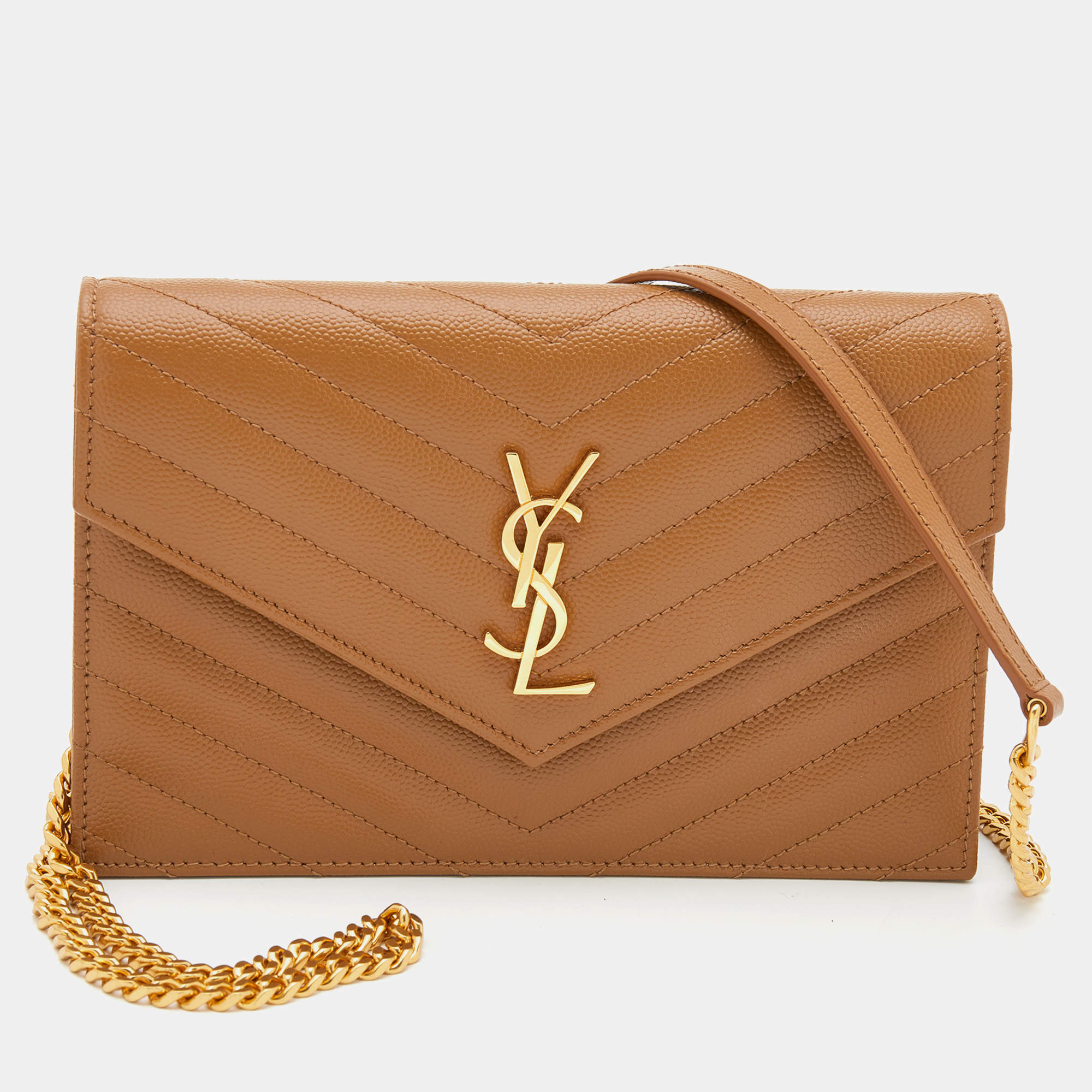 مملوكة مسبقًا Saint Laurent Brown Matelassé Leather Monogram Envelope Wallet On Chain