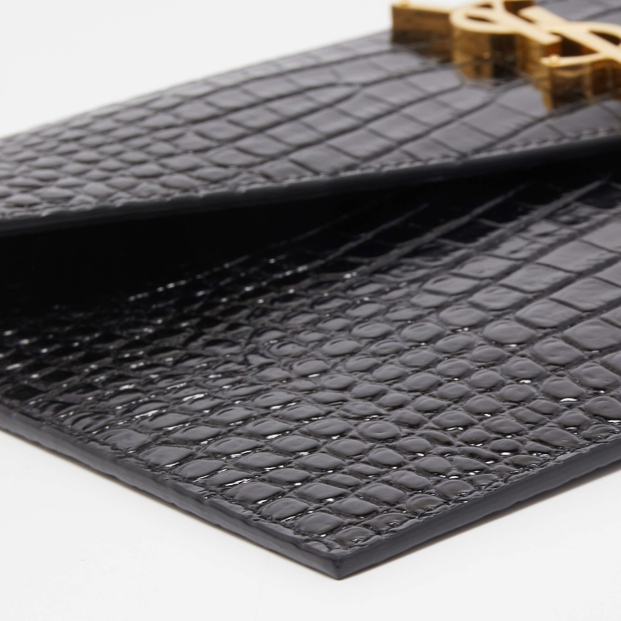 YSL UPTOWN POUCH BLACK CROC EMBOSSED LEATHER SILVER HARDWARE – THE