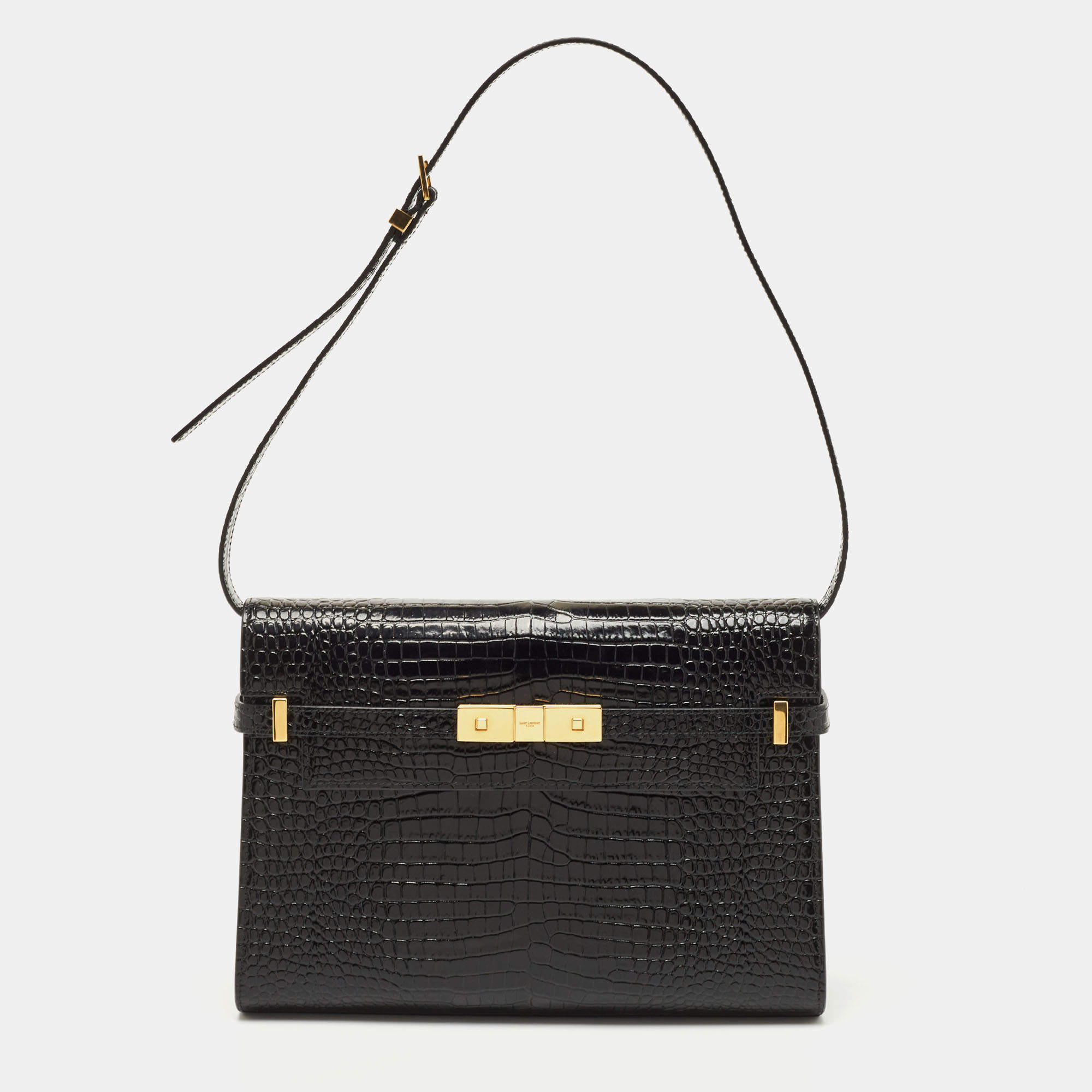 Pre Owned Saint Laurent Black Croc Embossed Leather Manhattan Shoulder Bag