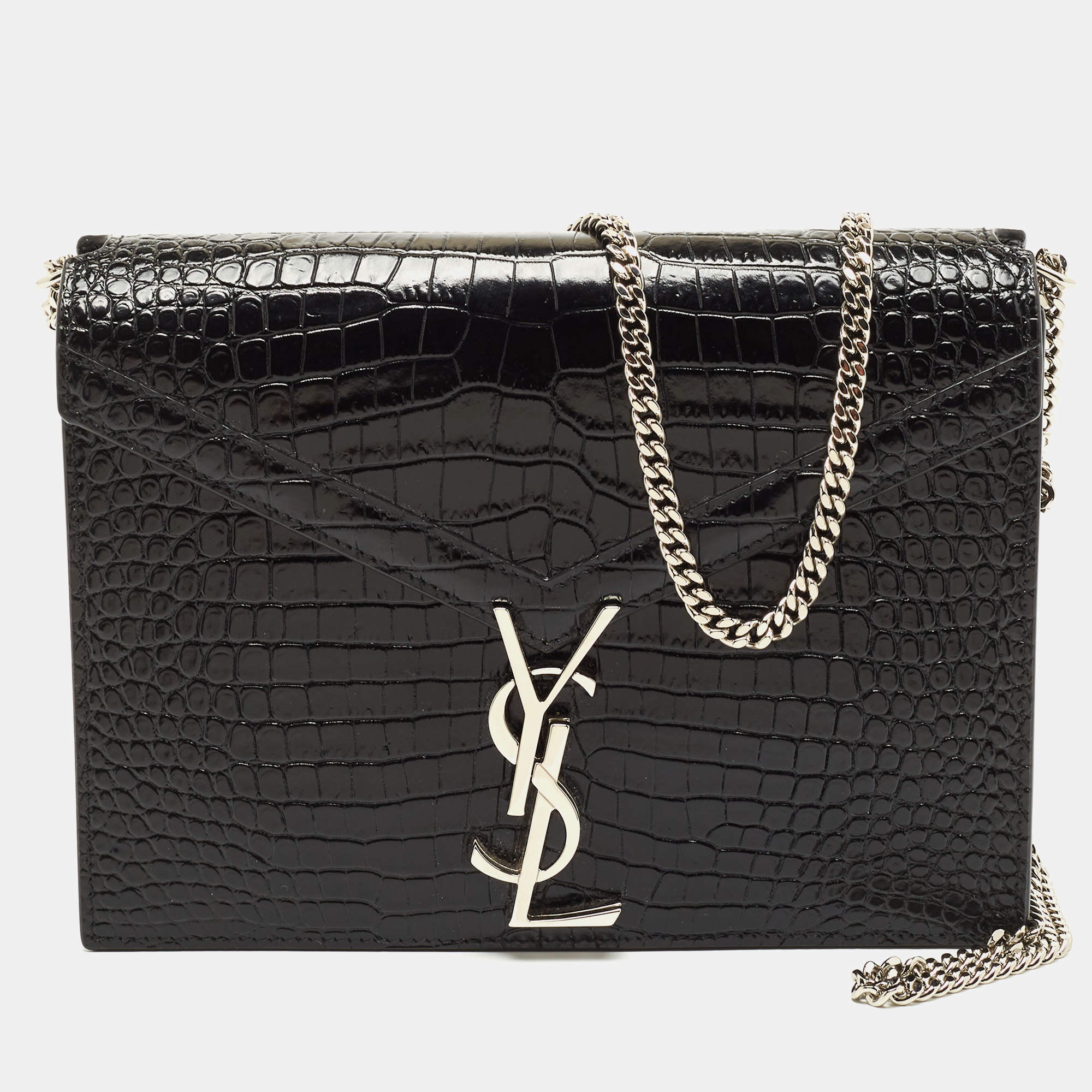 Pre Owned Saint Laurent Black Croc Embossed Leather Cassandra Wallet on Chain