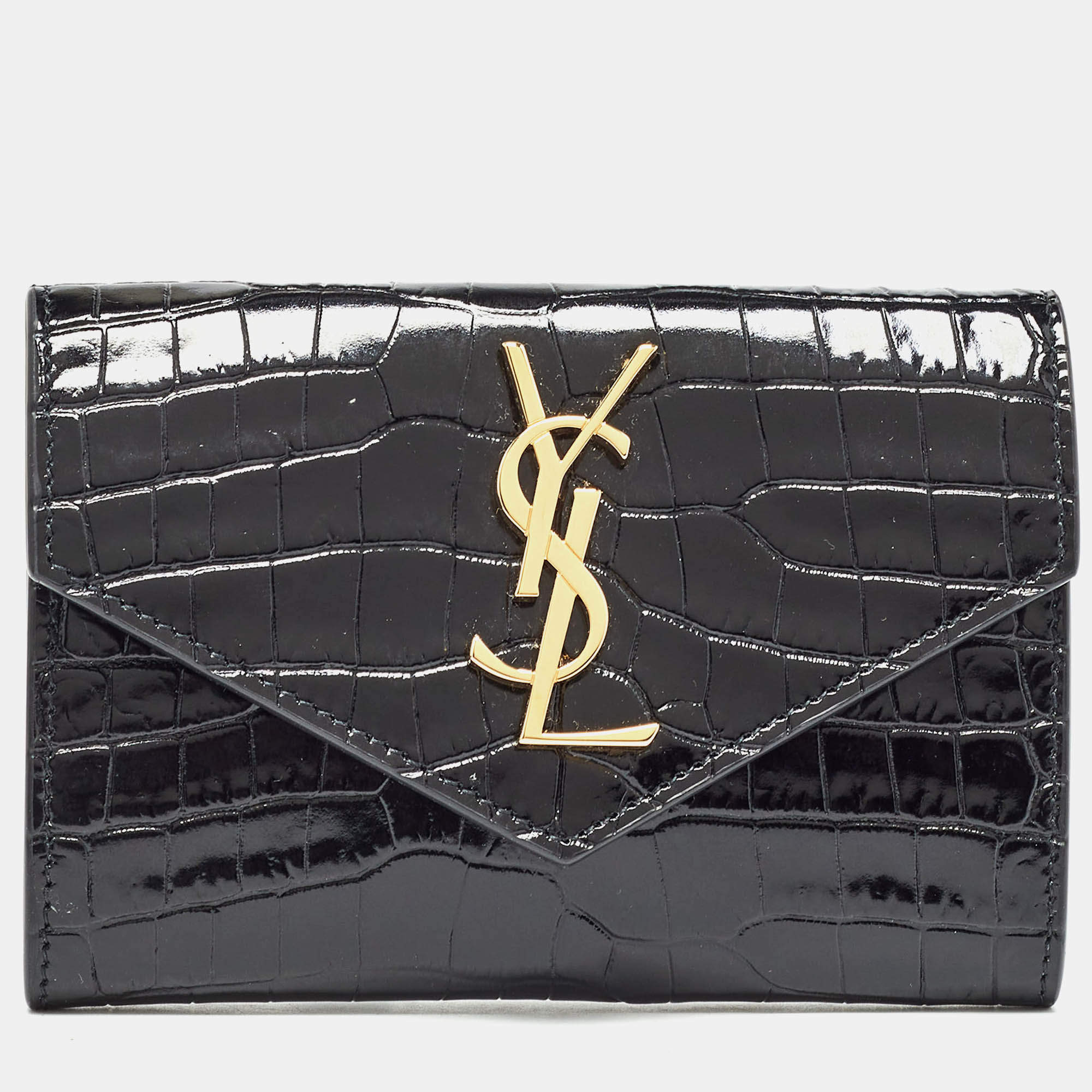 Saint Laurent Black Croc Embossed Leather Monogram Compact Wallet