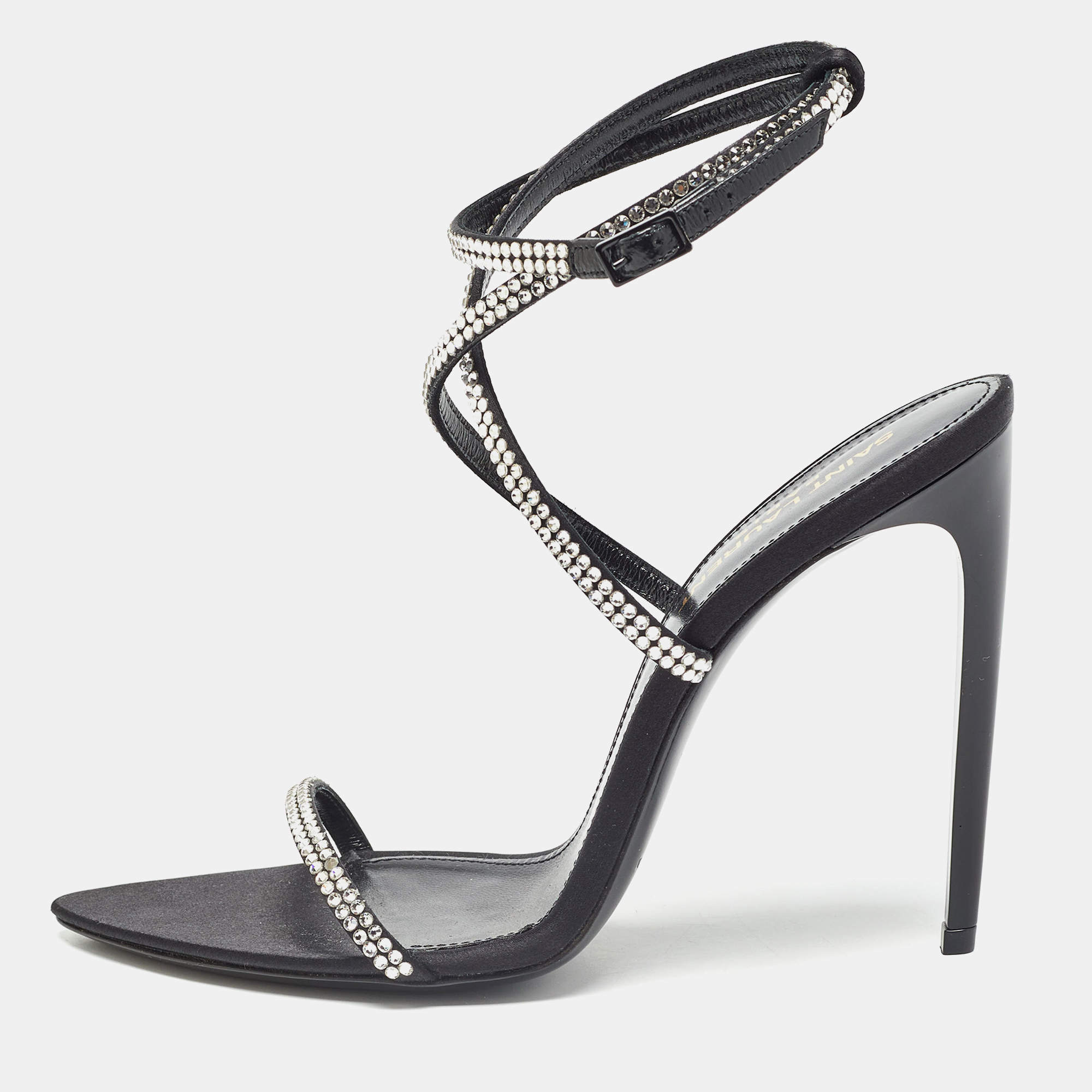 Pre Owned Saint Laurent Black Crystal Embellished Satin Satine Sandals Size 37