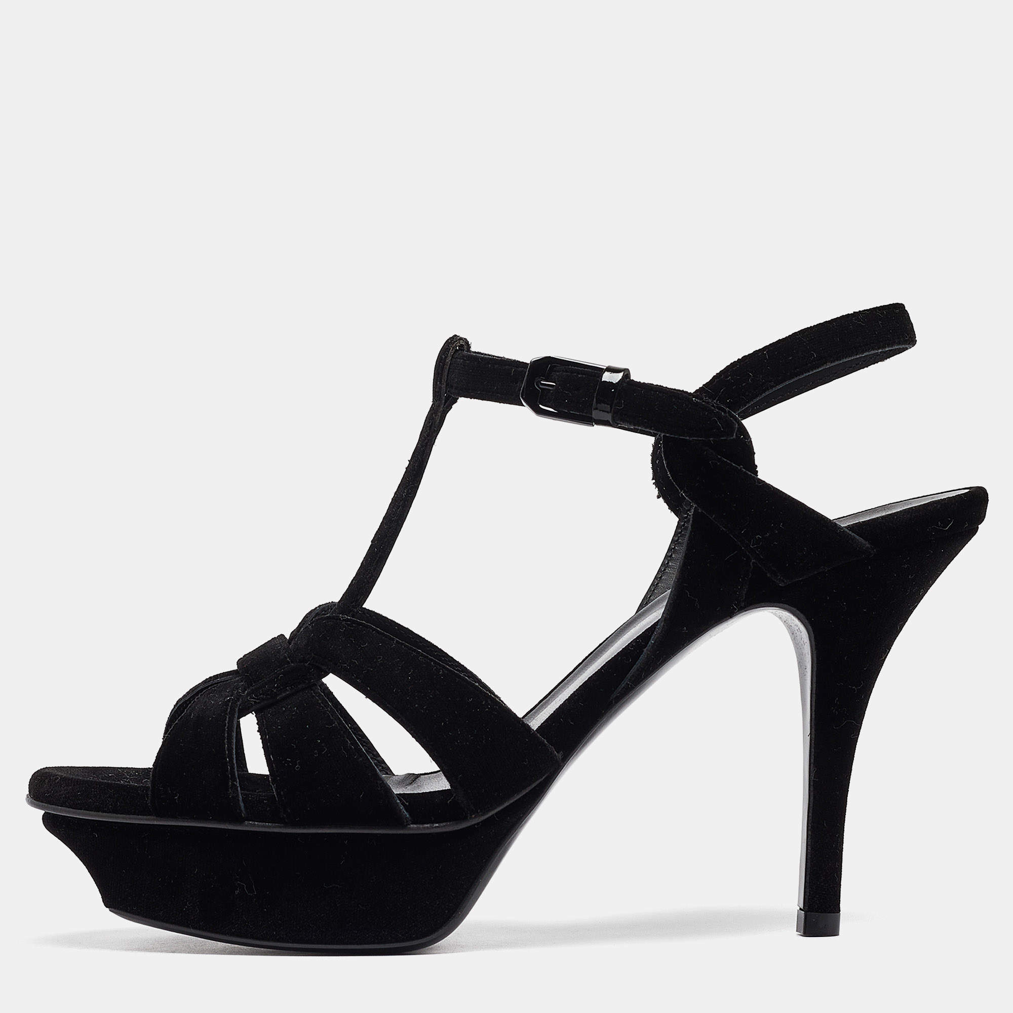 Pre Owned Saint Laurent Black Velvet Tribute Sandals Size 38.5