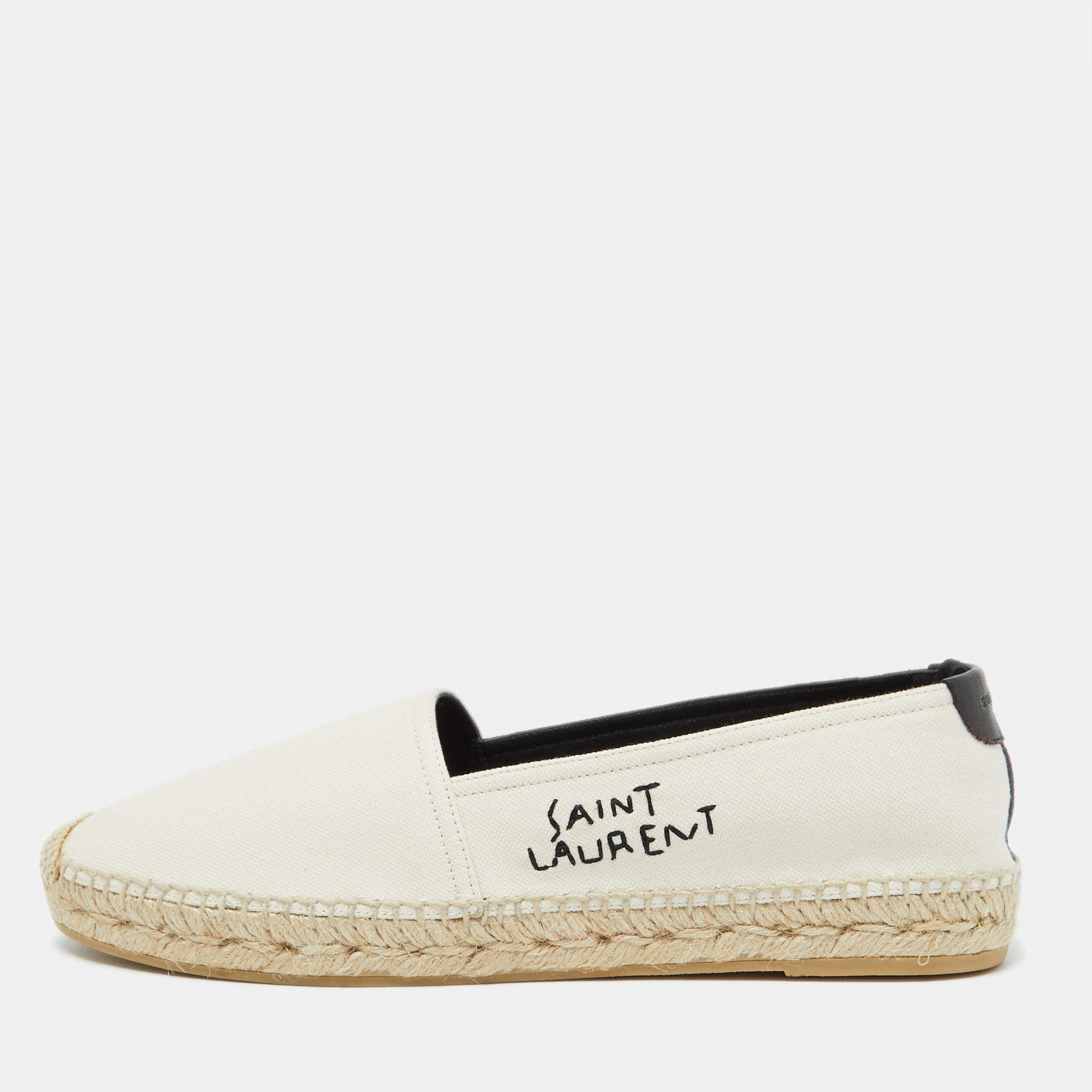 Pre Owned Saint Laurent Beige Canvas Embroidered Slip On Espadrille Loafers Size 38