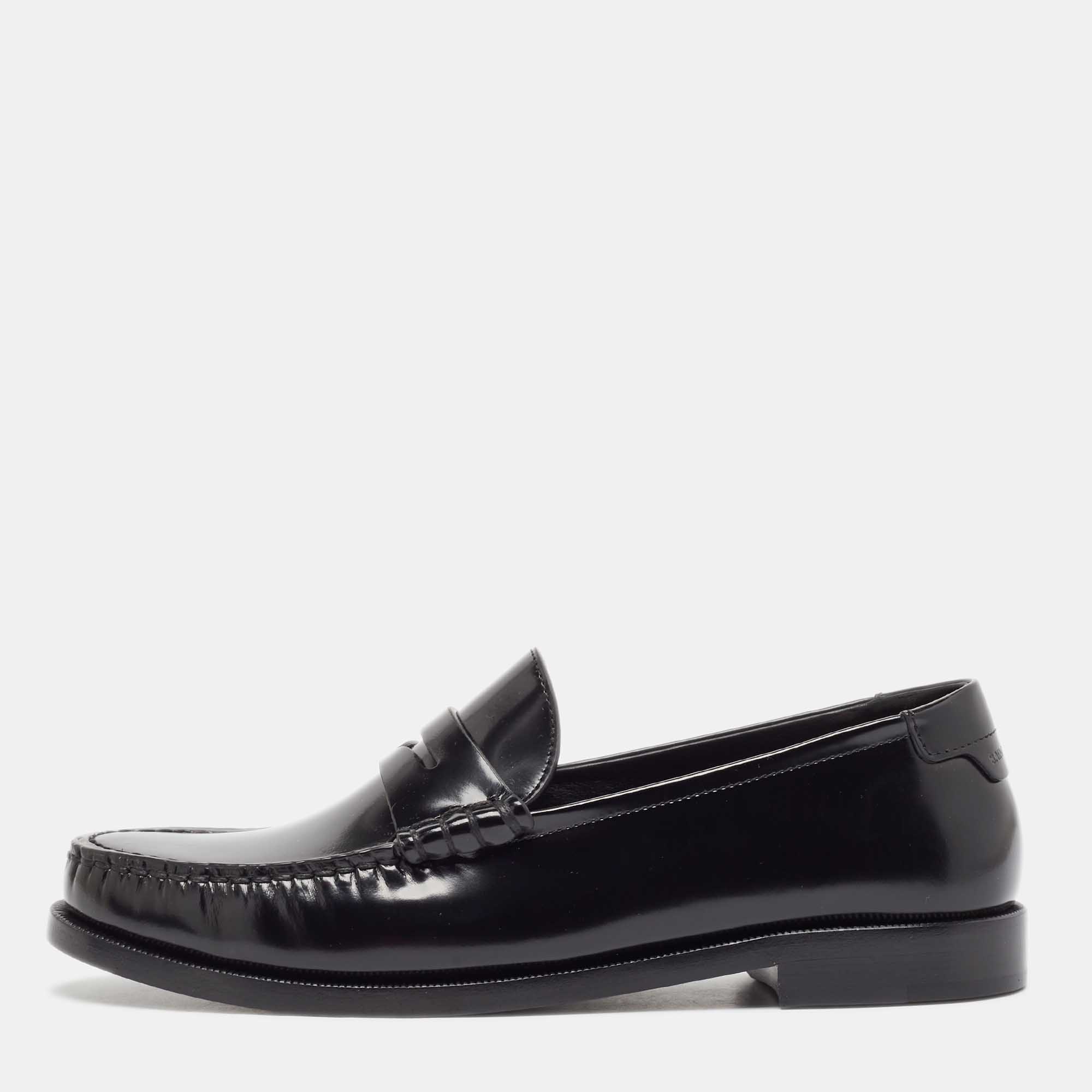 Pre Owned Saint Laurent Black Brushed Leather Penny Loafers Size 38.5