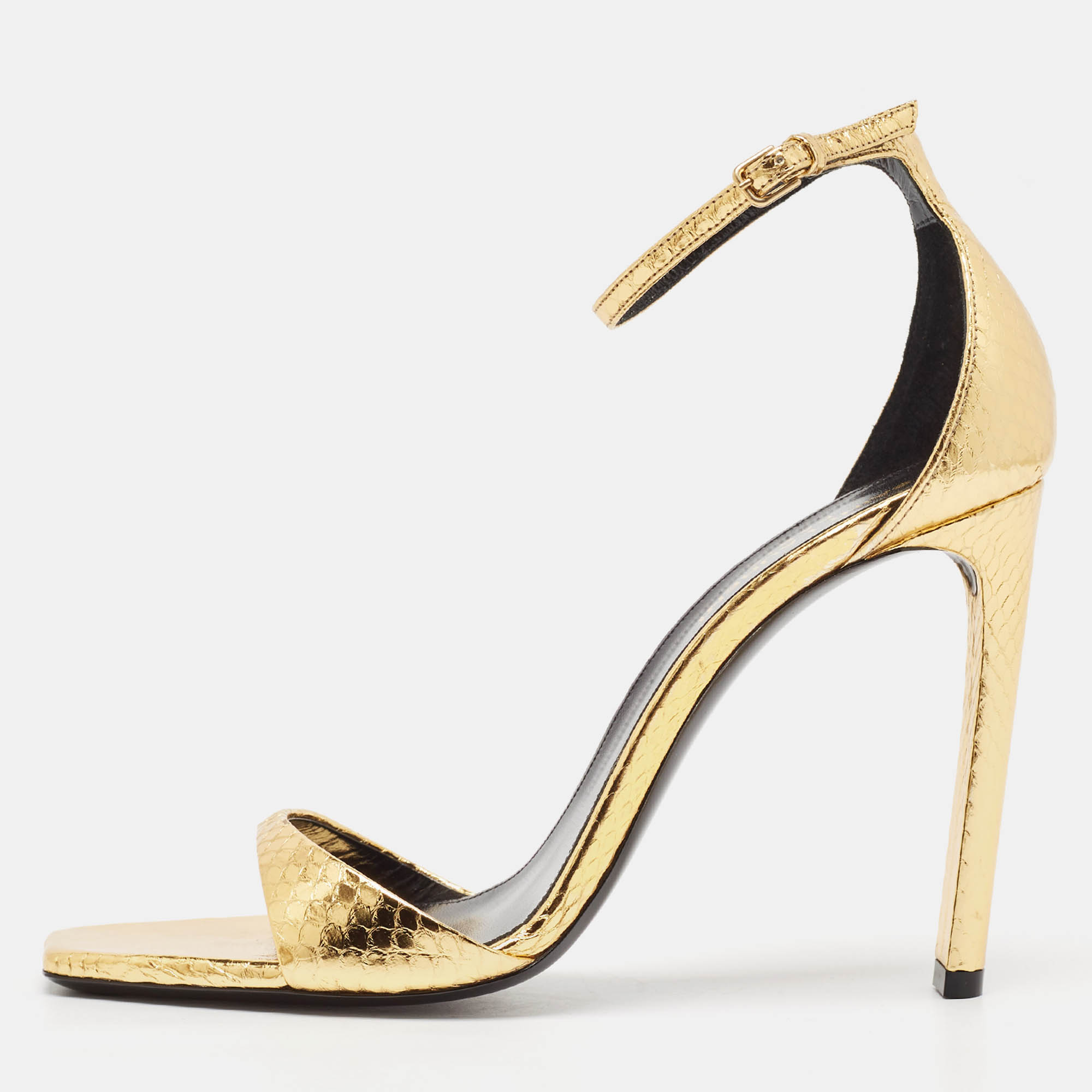 Saint Laurent Gold Python Embossed Leather Amber Ankle Strap Sandals Size 39