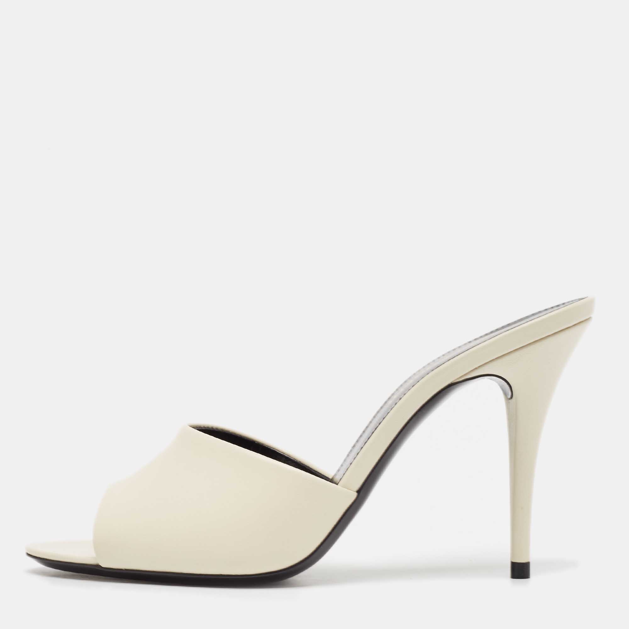 Pre Owned Saint Laurent White Leather  La 16 Slide Sandals Size 35.5