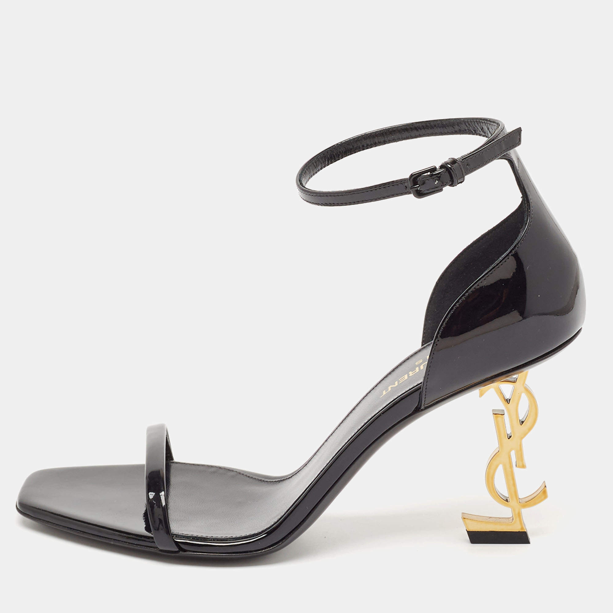 Pre Owned Saint Laurent Black Patent Leather Opyum Sandals Size 38.5