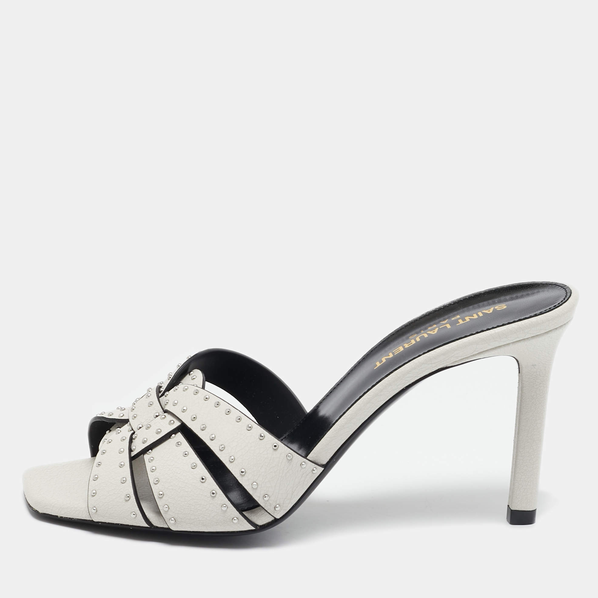 Pre Owned Saint Laurent Off White Leather Studded Tribute Slide Sandals Size 37