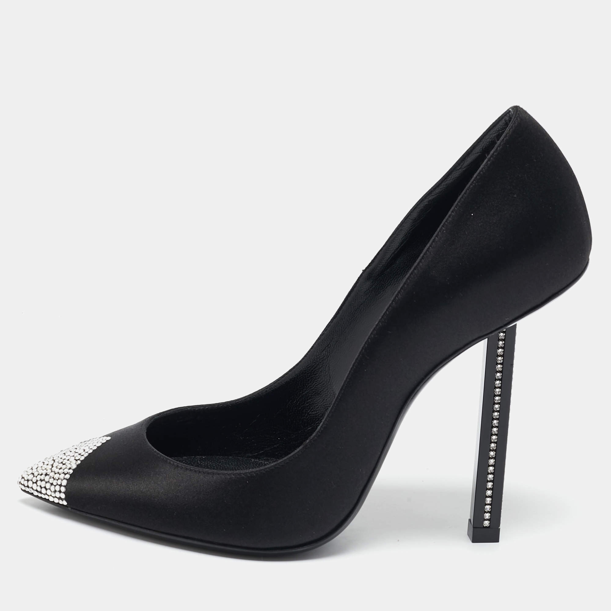 مملوكة مسبقًا Saint Laurent Black Satin Crystal Embellished Tower 110 Pointed Toe Pumps Size 36