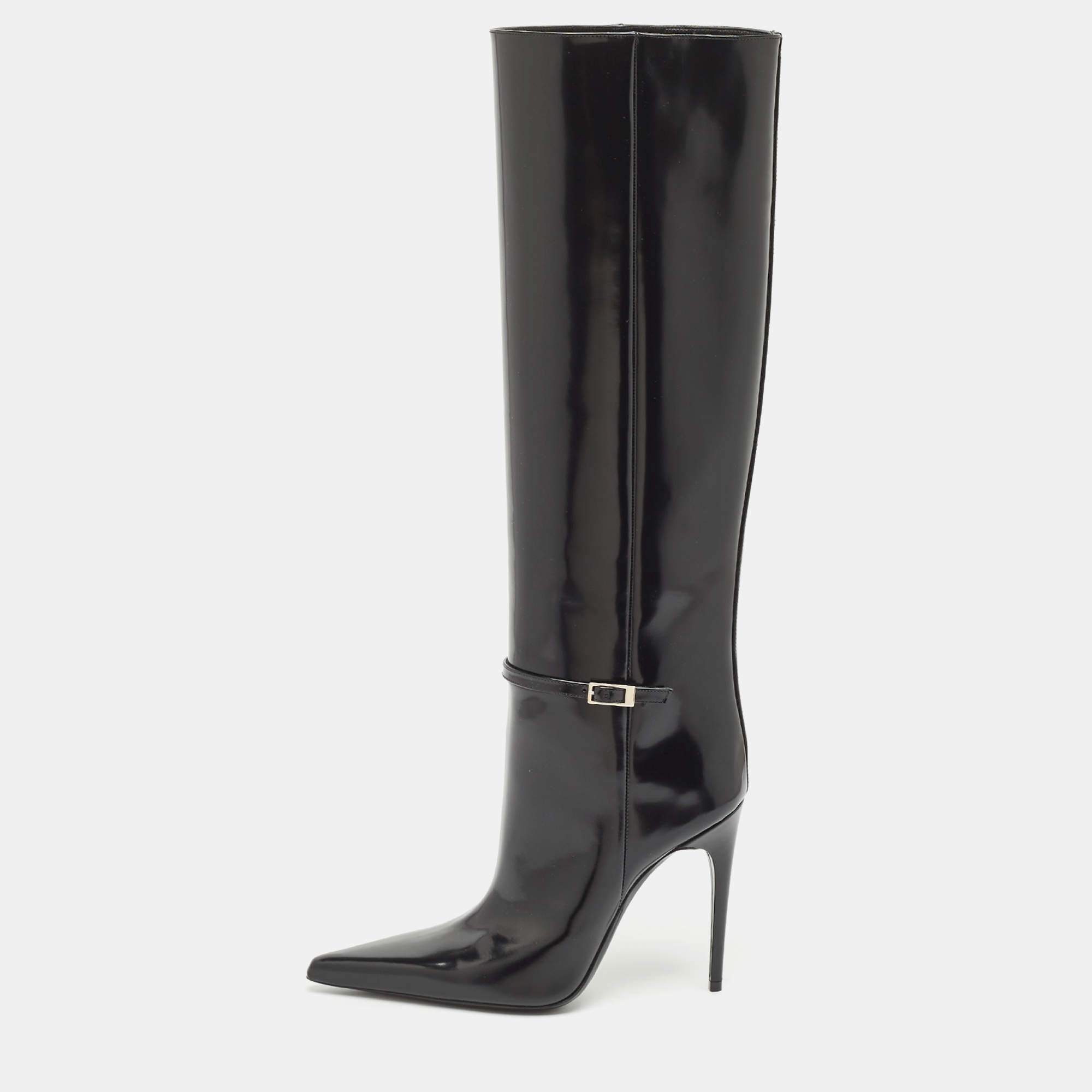 Saint Laurent Black Glazed Leather Vendome Knee Length Boots Size 39 