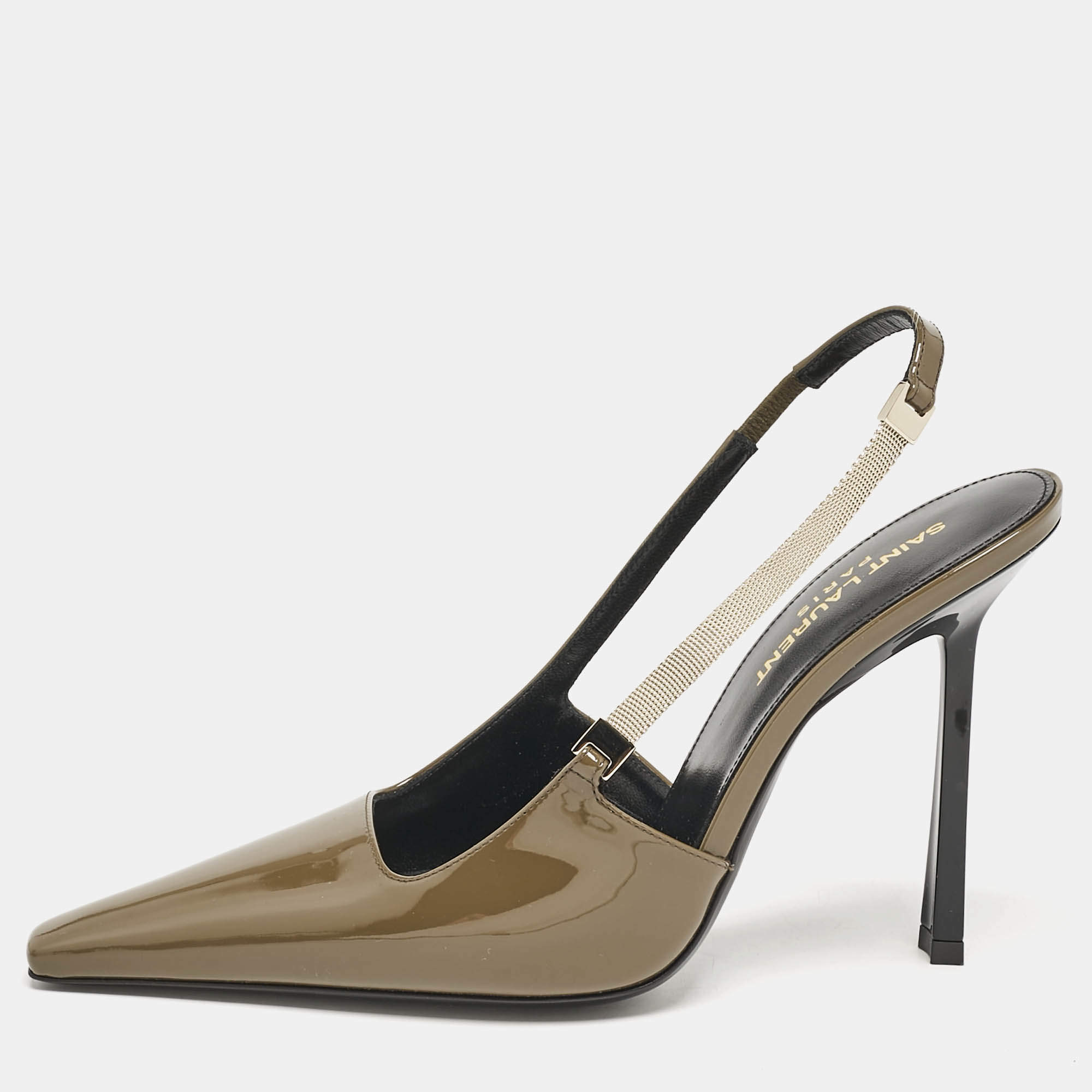 Saint Laurent Amber Green Patent Leather Blake Slingback Pumps Size 37