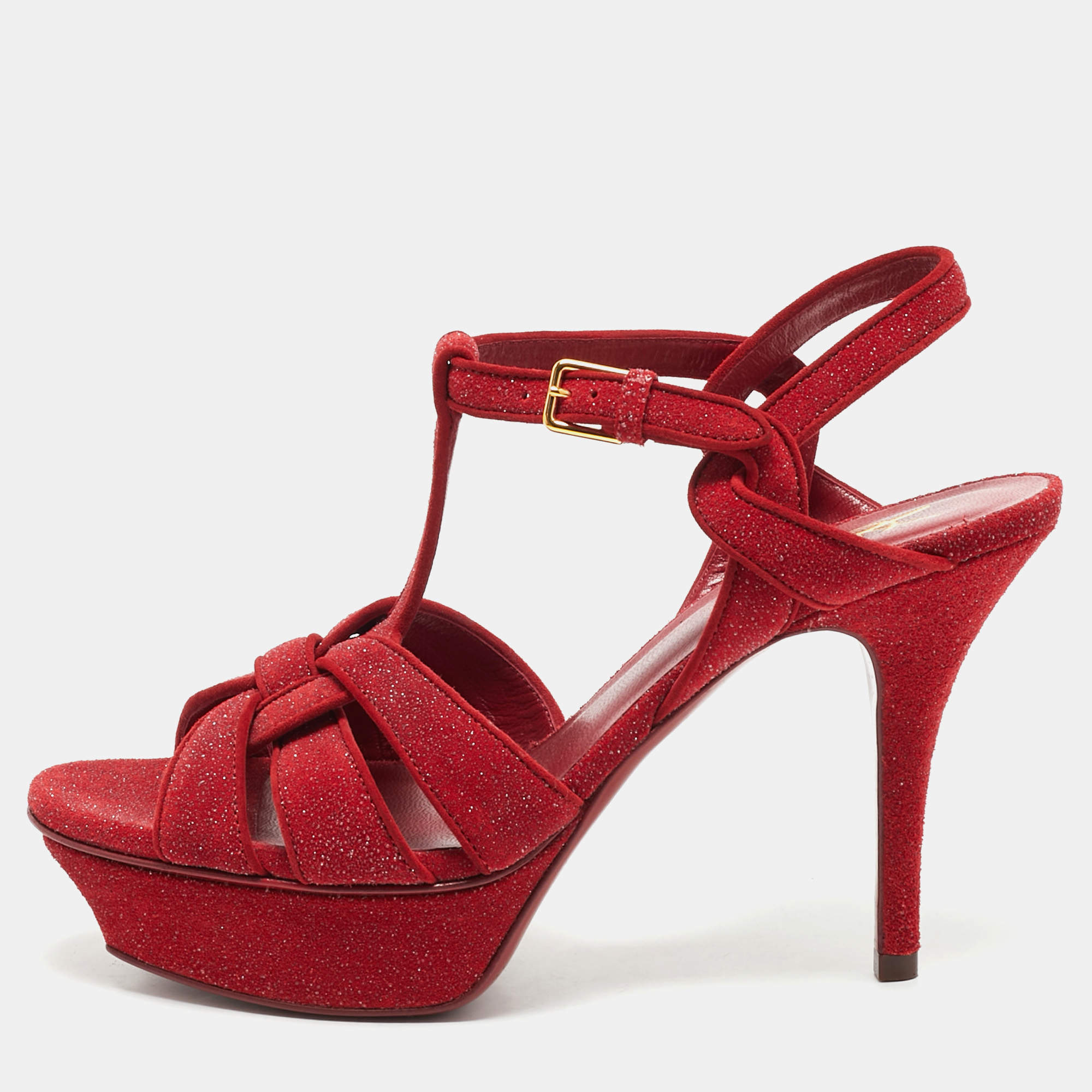 مملوكة مسبقًا صندل سان لوران سير كاحل تريبيوت سويدي أحمر ولامع مقاس 37