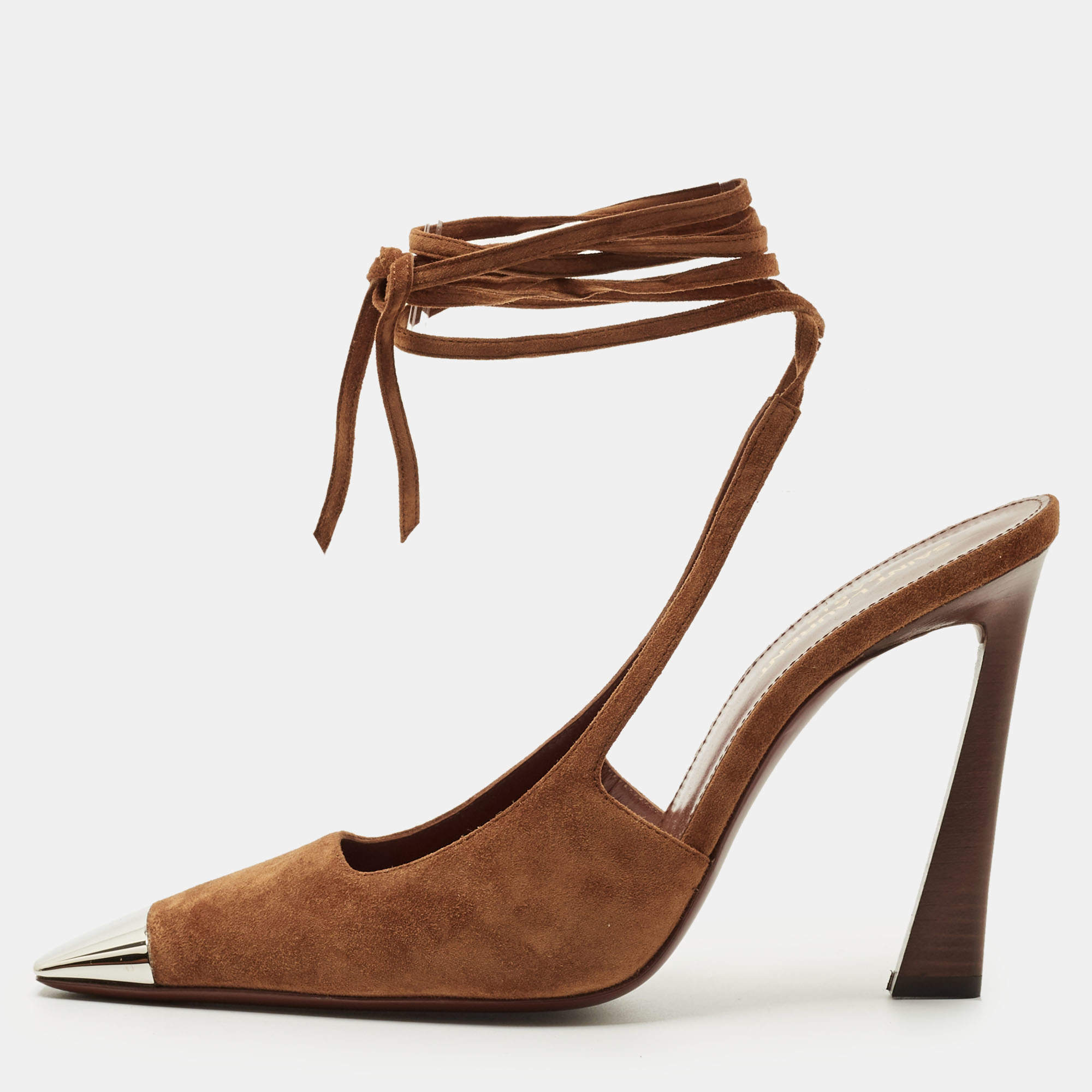 Pre Owned Saint Laurent Brown Suede Blade Slingback Pumps Size 39