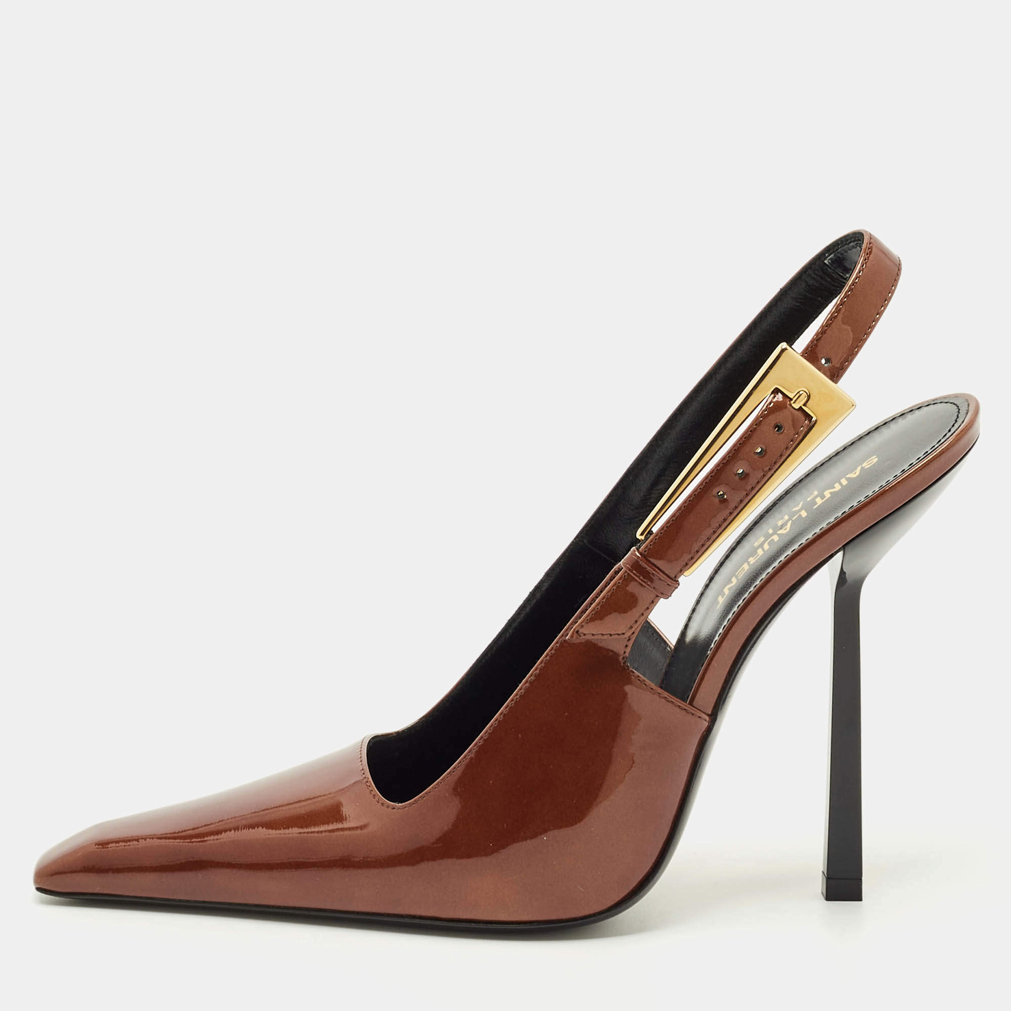 Pre Owned Saint Laurent Brown Patent Leather Lee Slingback Pumps Size 39