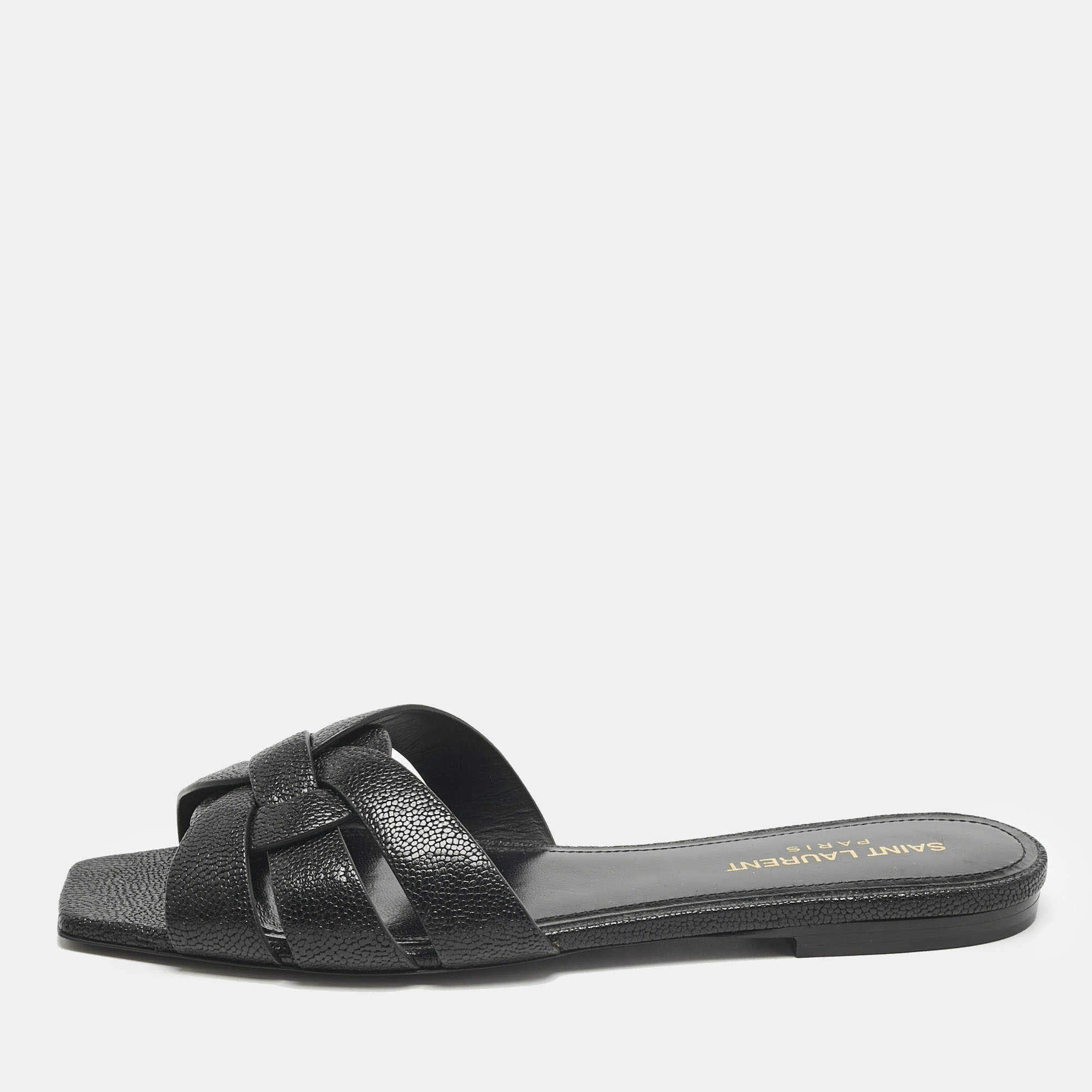 Pre Owned Saint Laurent Black Leather Tribute Flat Slide Size 37