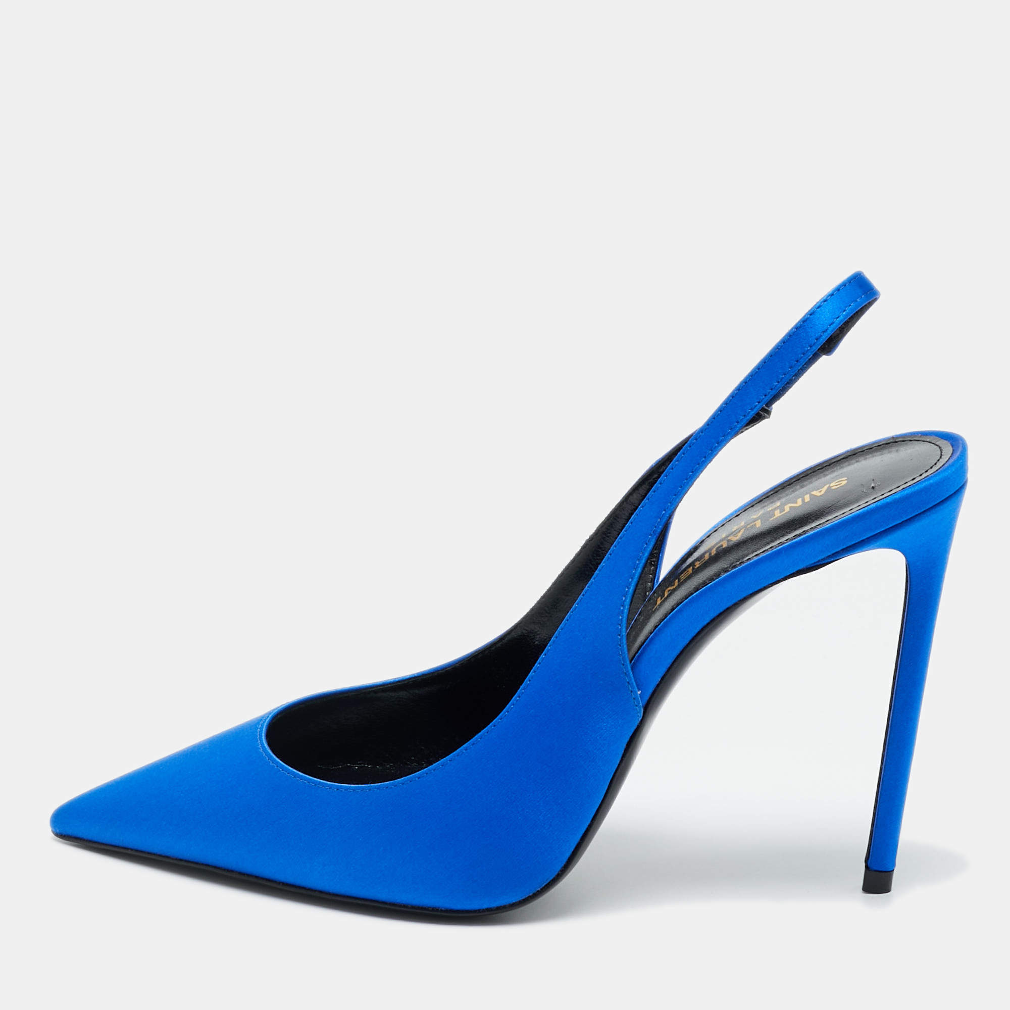 Pre Owned Saint Laurent Blue Satin Zoe Slingback Pumps Size 37.5