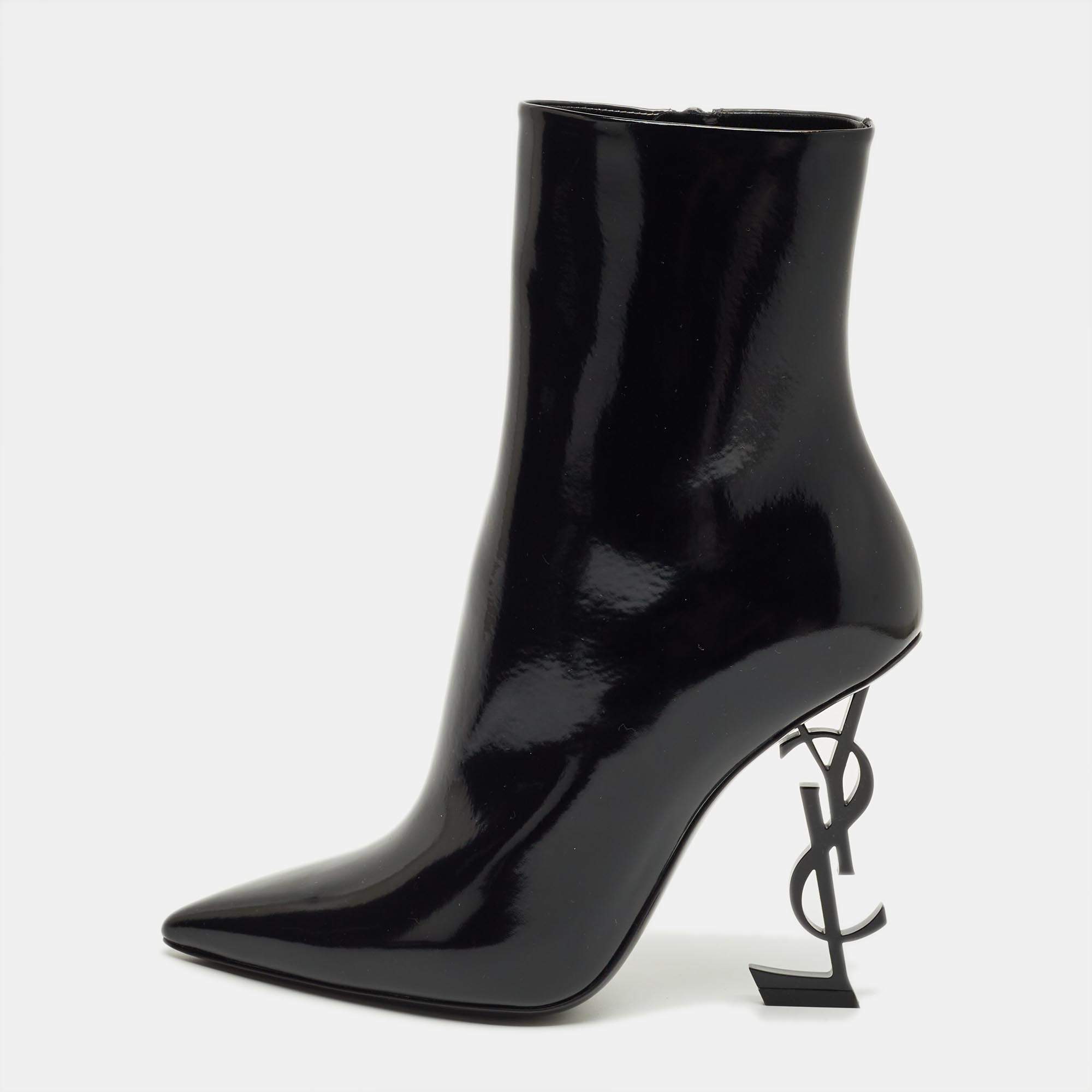 مملوكة مسبقًا Saint Laurent Black Patent Leather Opyum Pointed Toe Ankle Boots Size 39