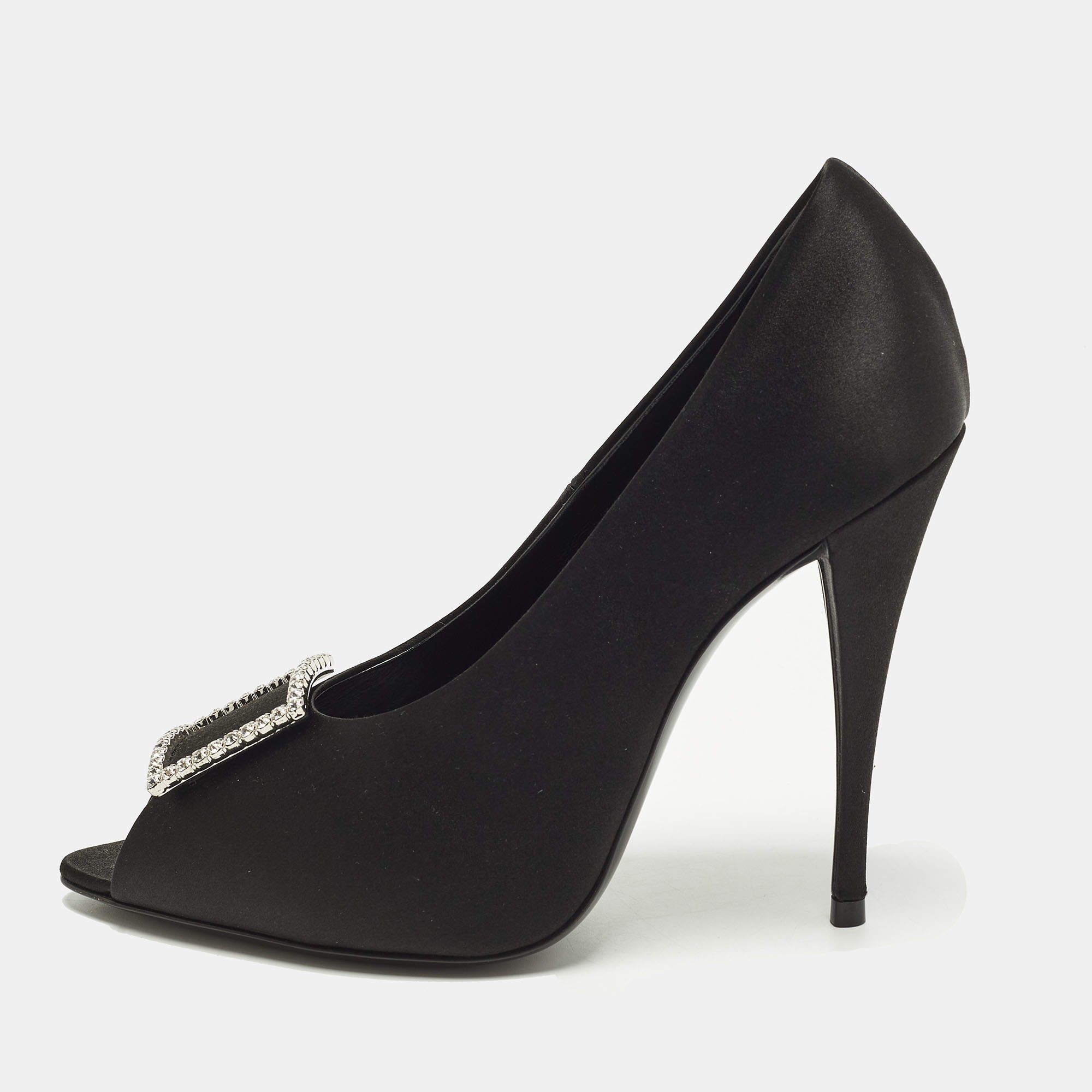 مملوكة مسبقًا Saint Laurent Franky Size 38.5 Black Satin Peep Toe Pumps