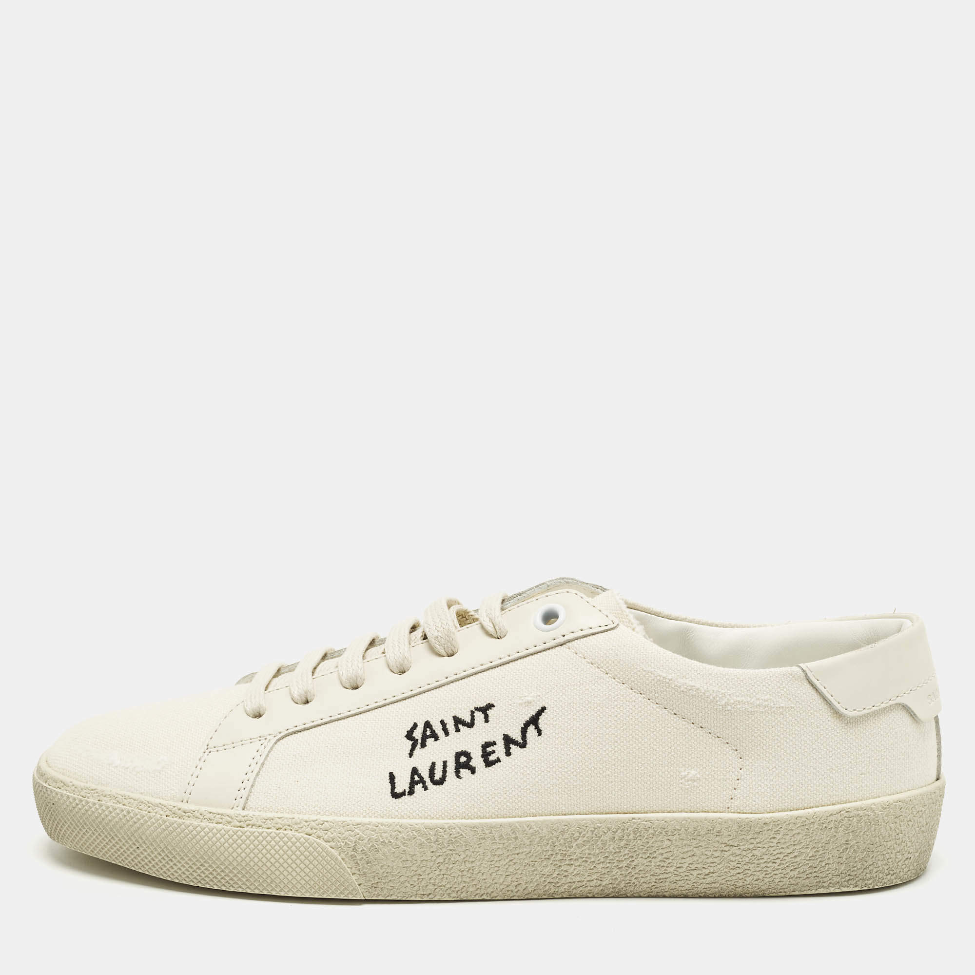 Pre Owned Saint Laurent Court Classic SL/06 Size 38 Cream Canvas Low Top Sneakers
