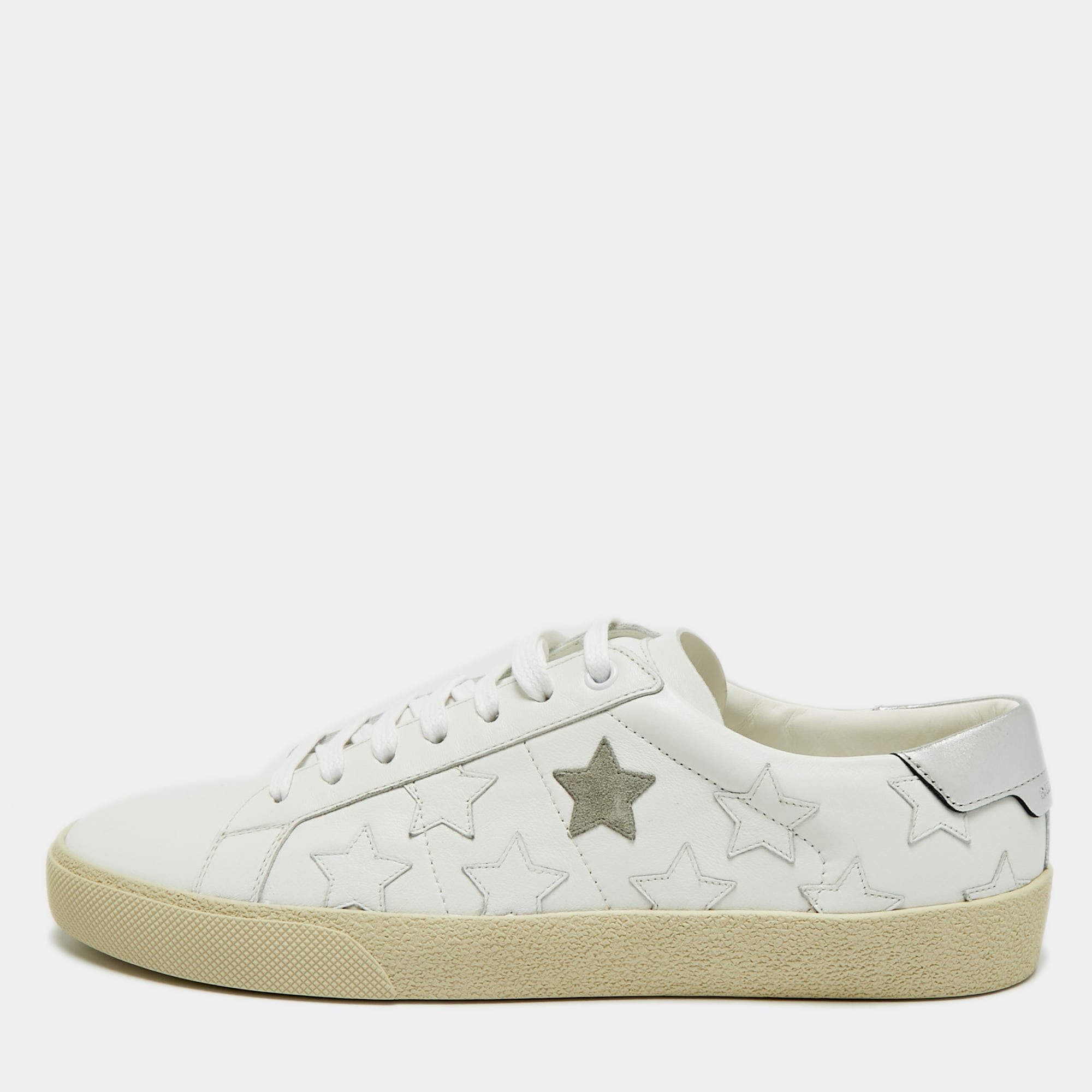 مملوكة مسبقًا Saint Laurent Court Classic Star Size 41 White/Silver Leather Low Top Sneakers
